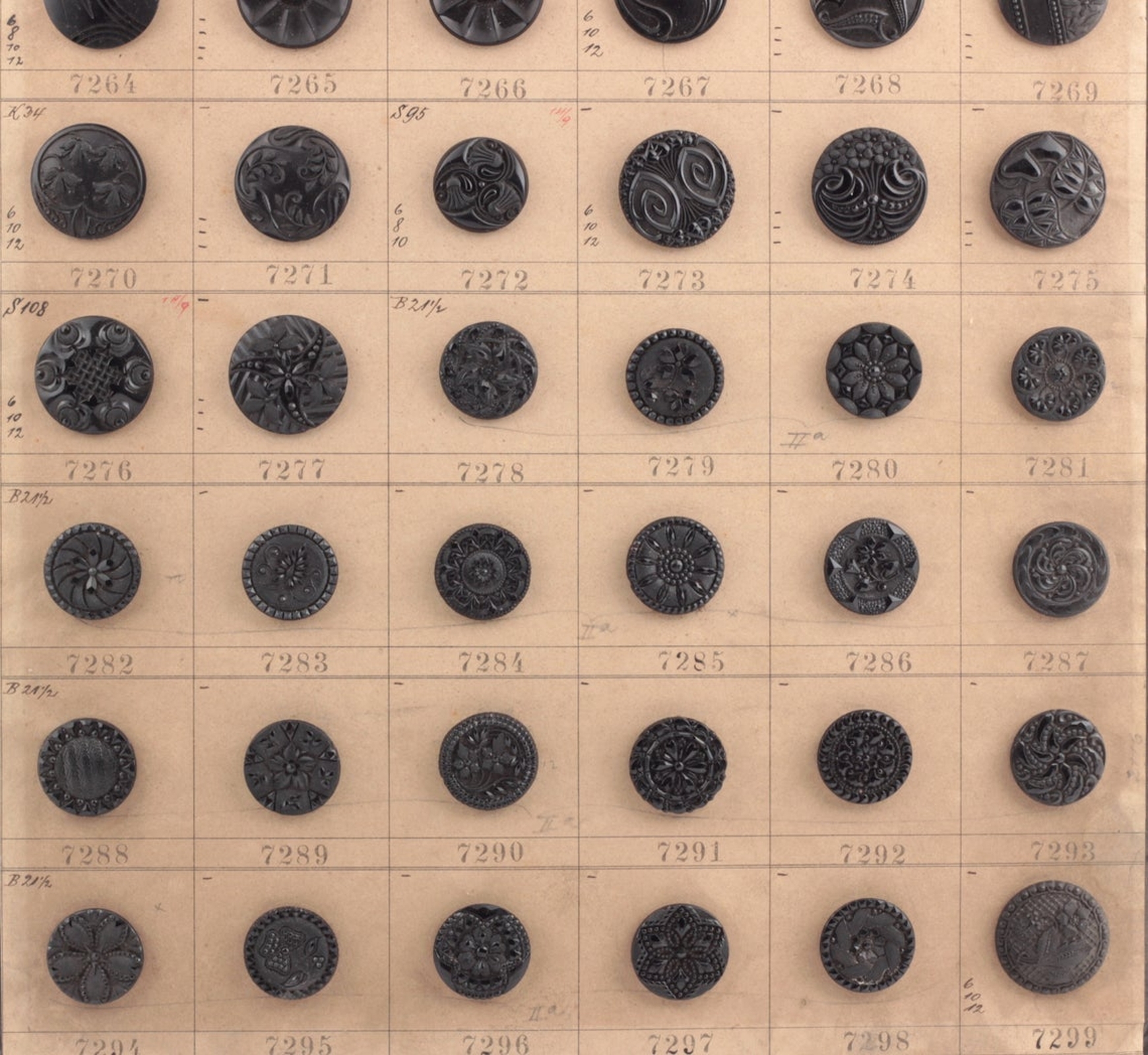 1900's sample card (59) Czech antique Victorian geometric floral jet black lacy marcasite glass buttons