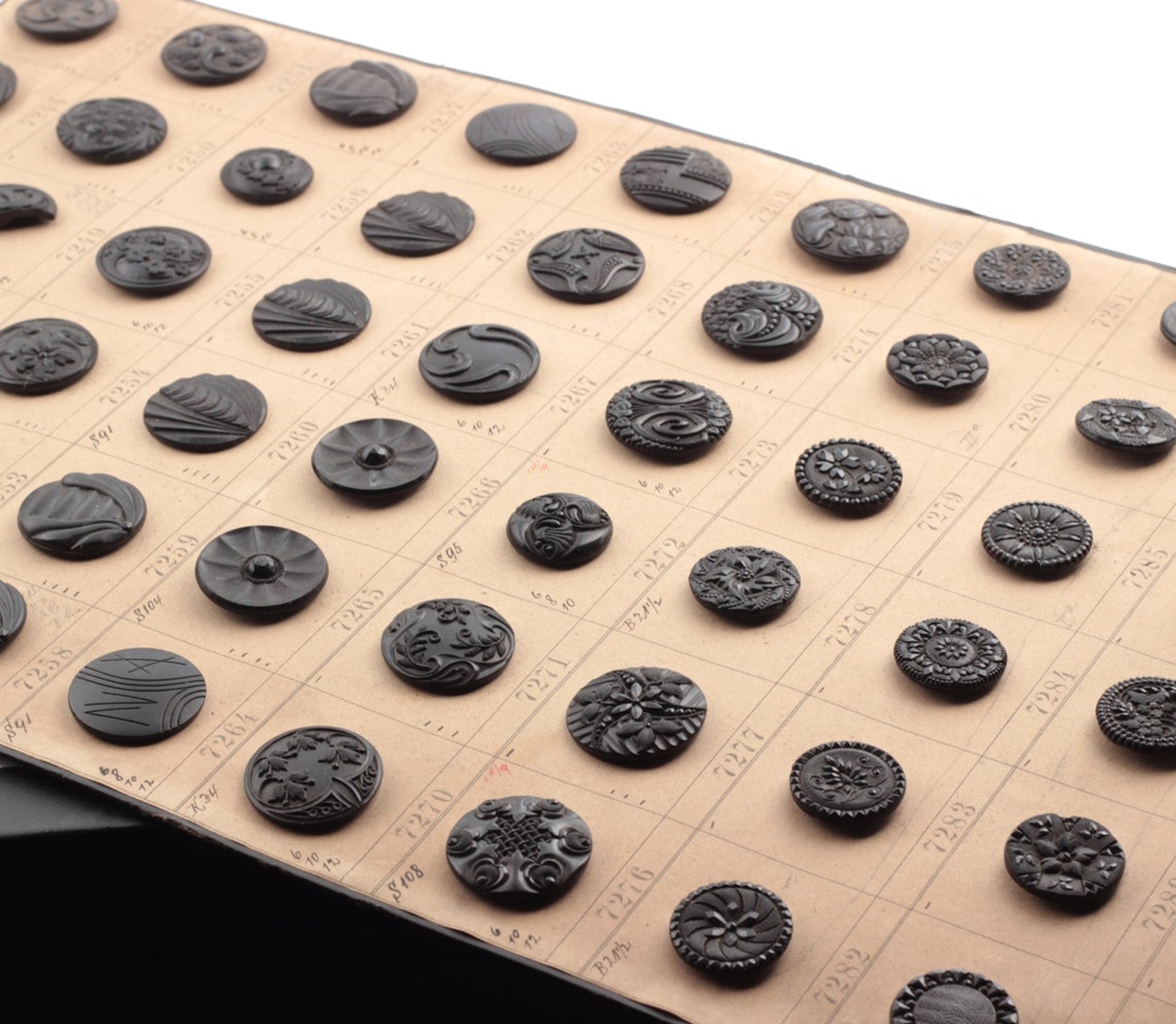 1900's sample card (59) Czech antique Victorian geometric floral jet black lacy marcasite glass buttons