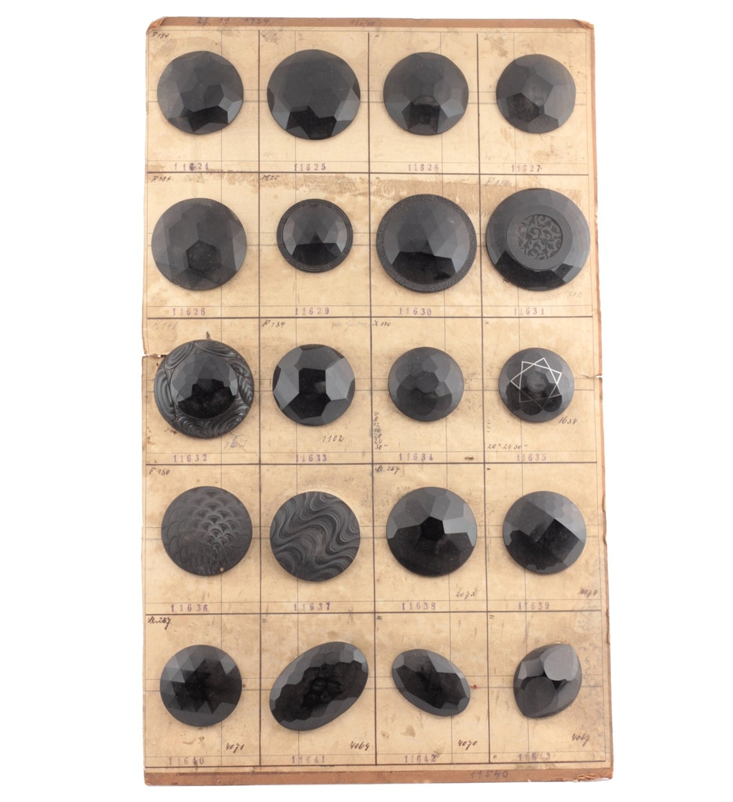 1924 sample card (20) extra large Czech antique Art Deco geometric jet black glass buttons
