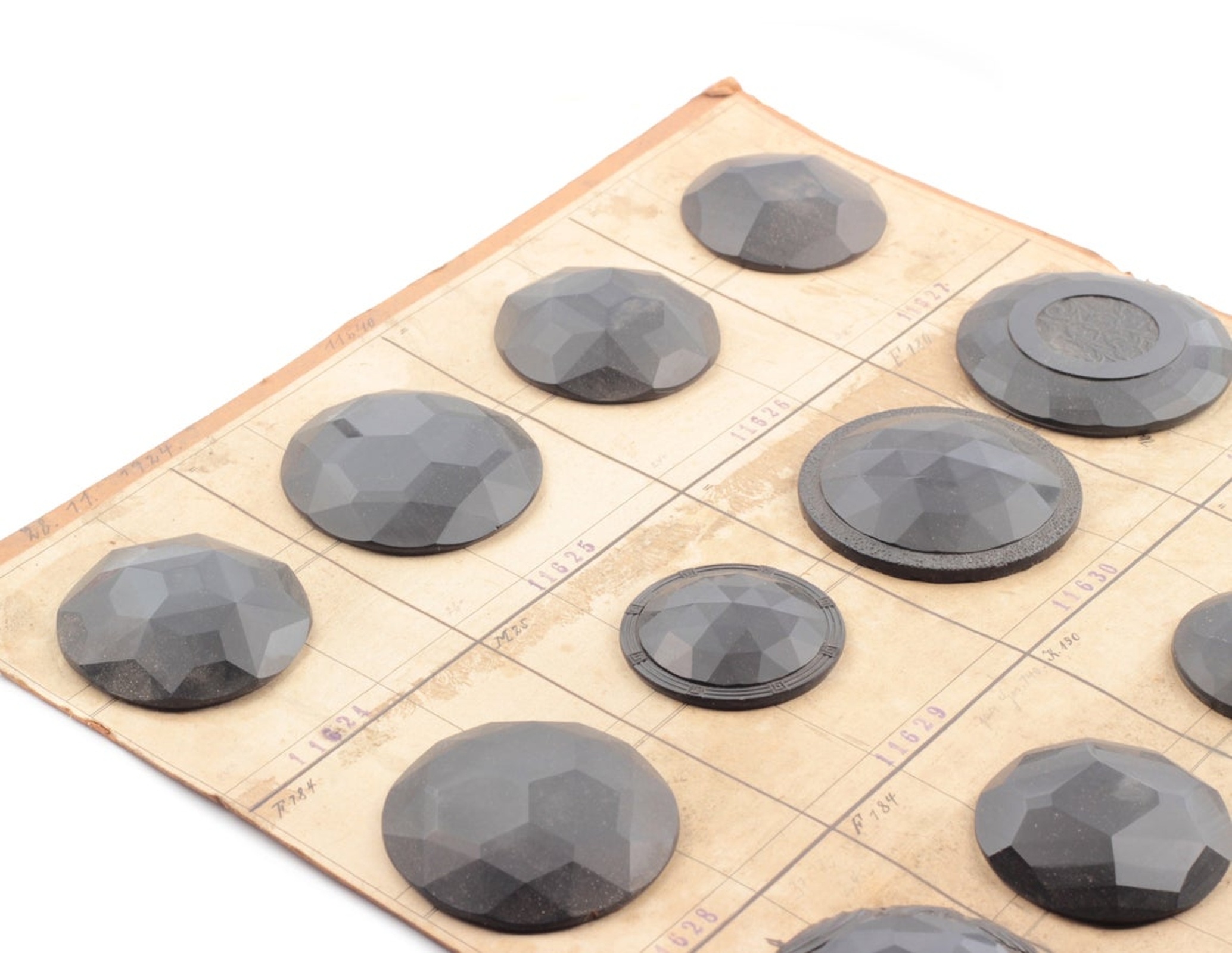 1924 sample card (20) extra large Czech antique Art Deco geometric jet black glass buttons