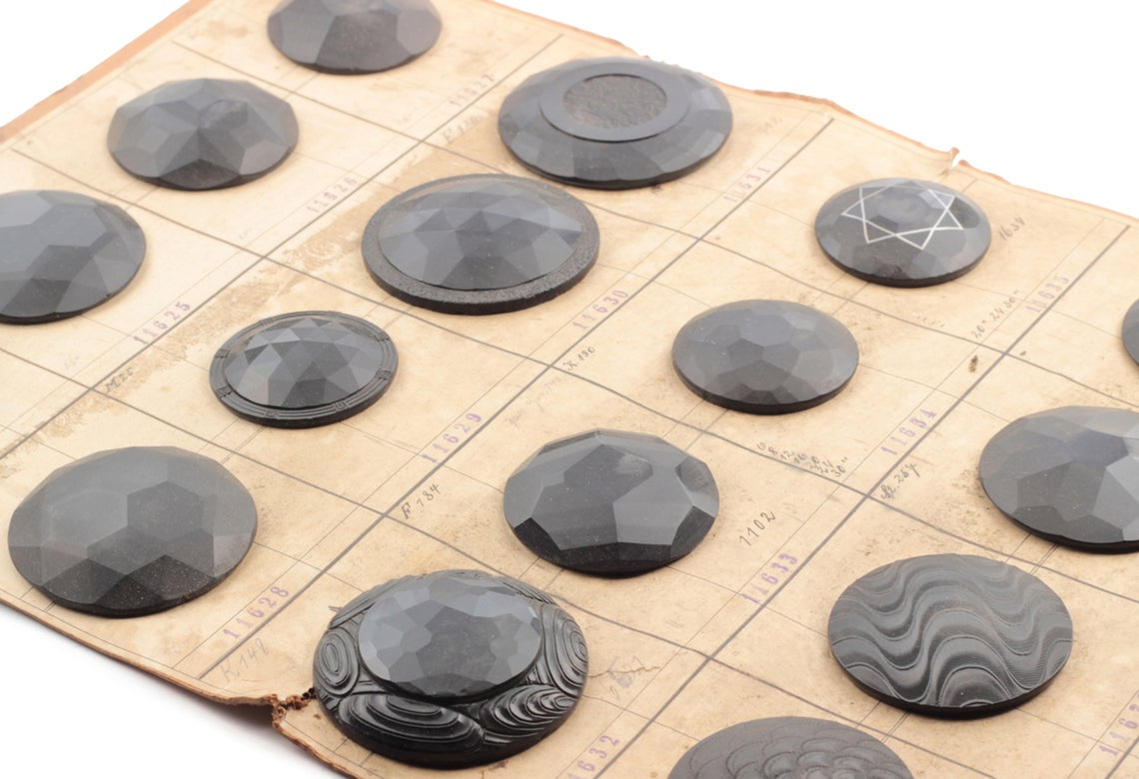 1924 sample card (20) extra large Czech antique Art Deco geometric jet black glass buttons