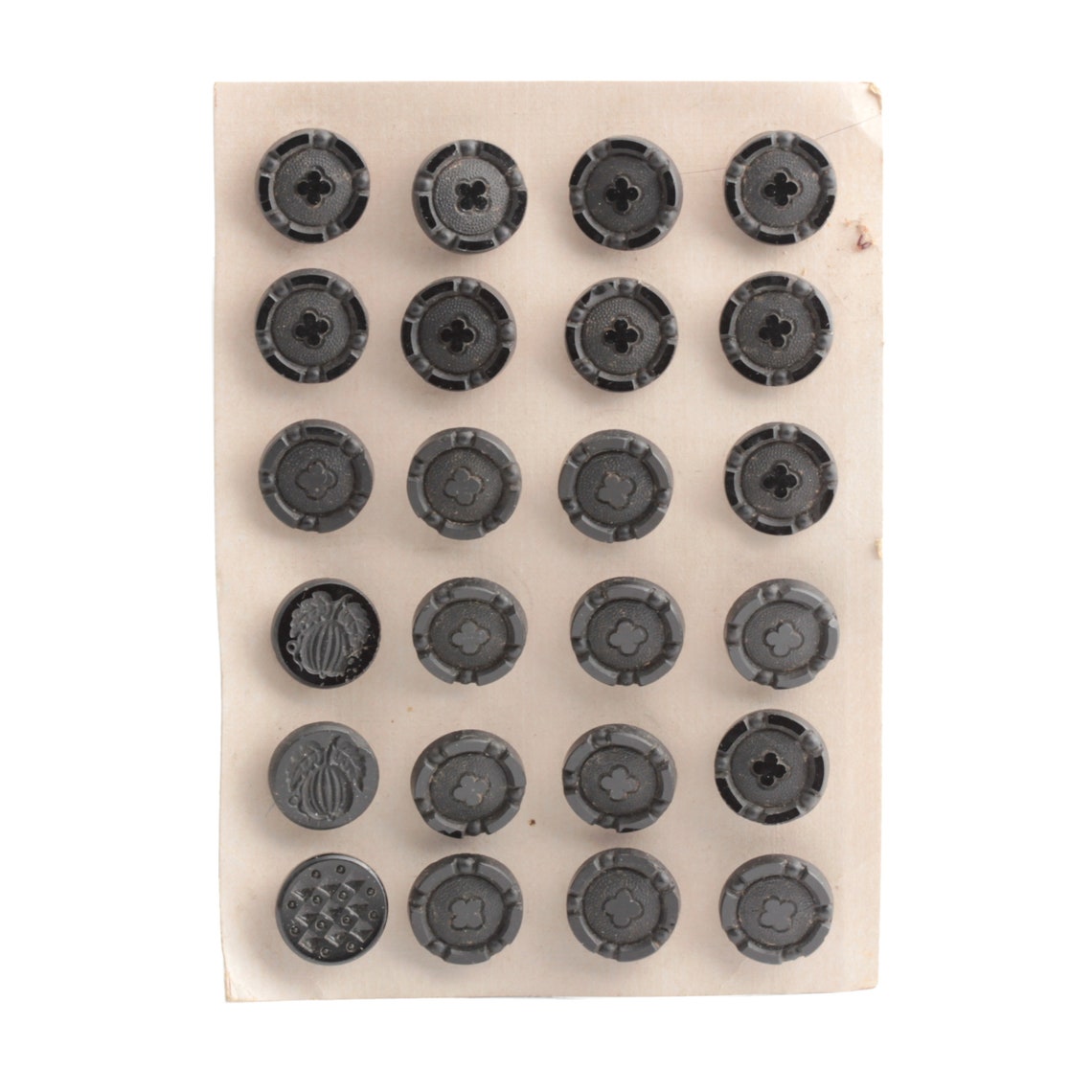 Card (24) antique Victorian Czech black glass buttons geometric fruit 4 leaf clover 16mm