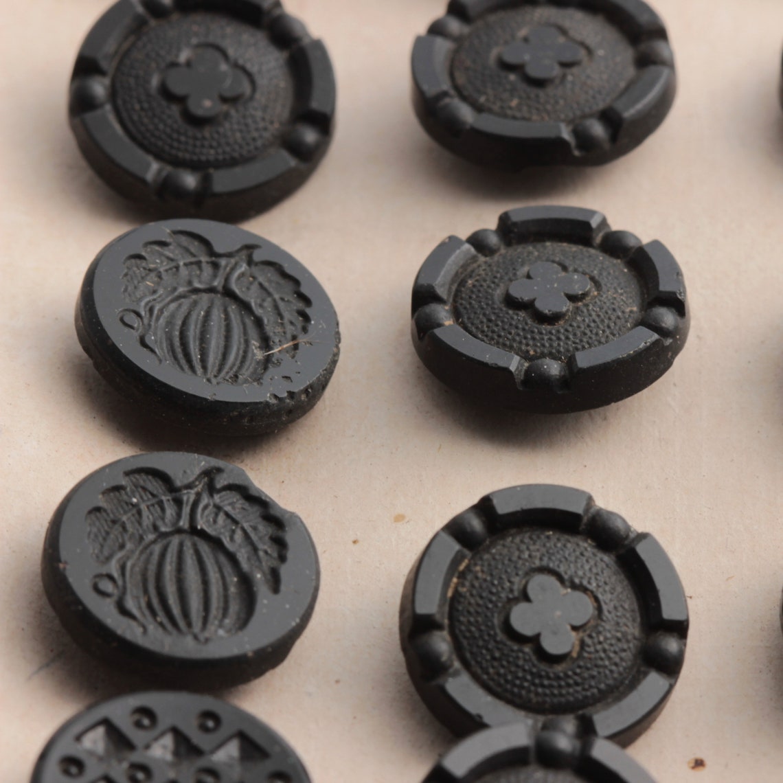 Card (24) antique Victorian Czech black glass buttons geometric fruit 4 leaf clover 16mm
