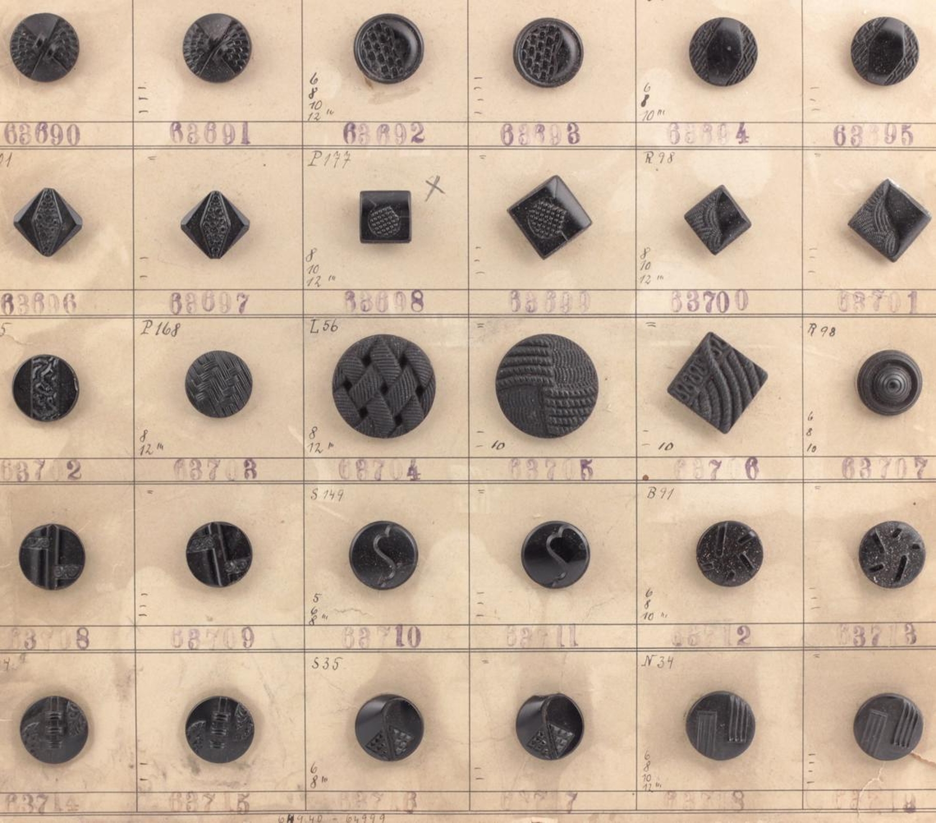 1935 sample card (60) Czech antique Art Deco geometric floral jet black glass buttons