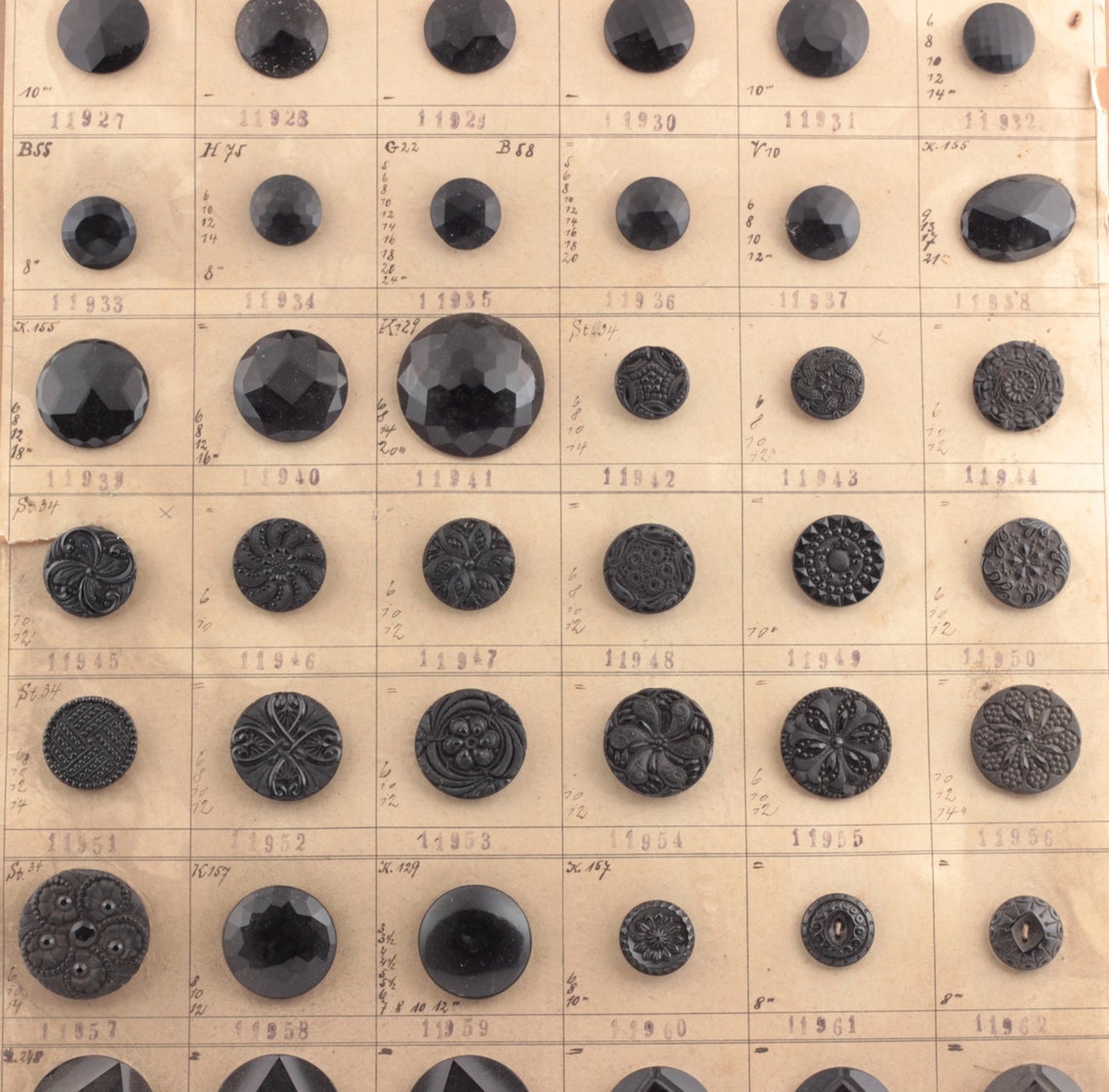 1920's sample card (60) Czech antique Art Deco jet black glass buttons