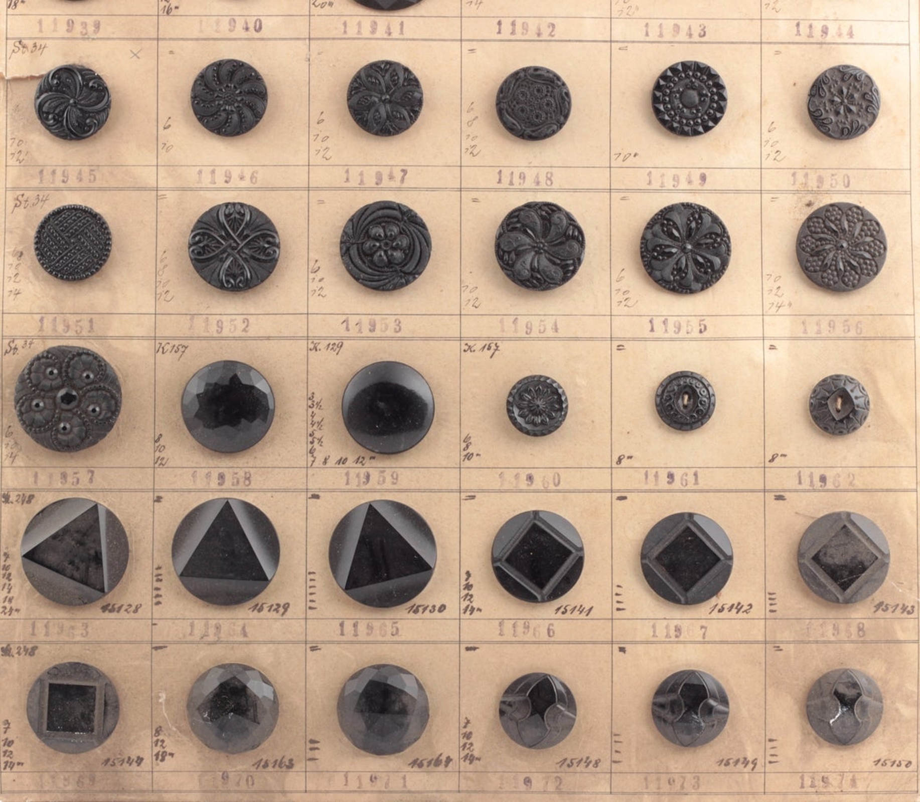 1920's sample card (60) Czech antique Art Deco jet black glass buttons