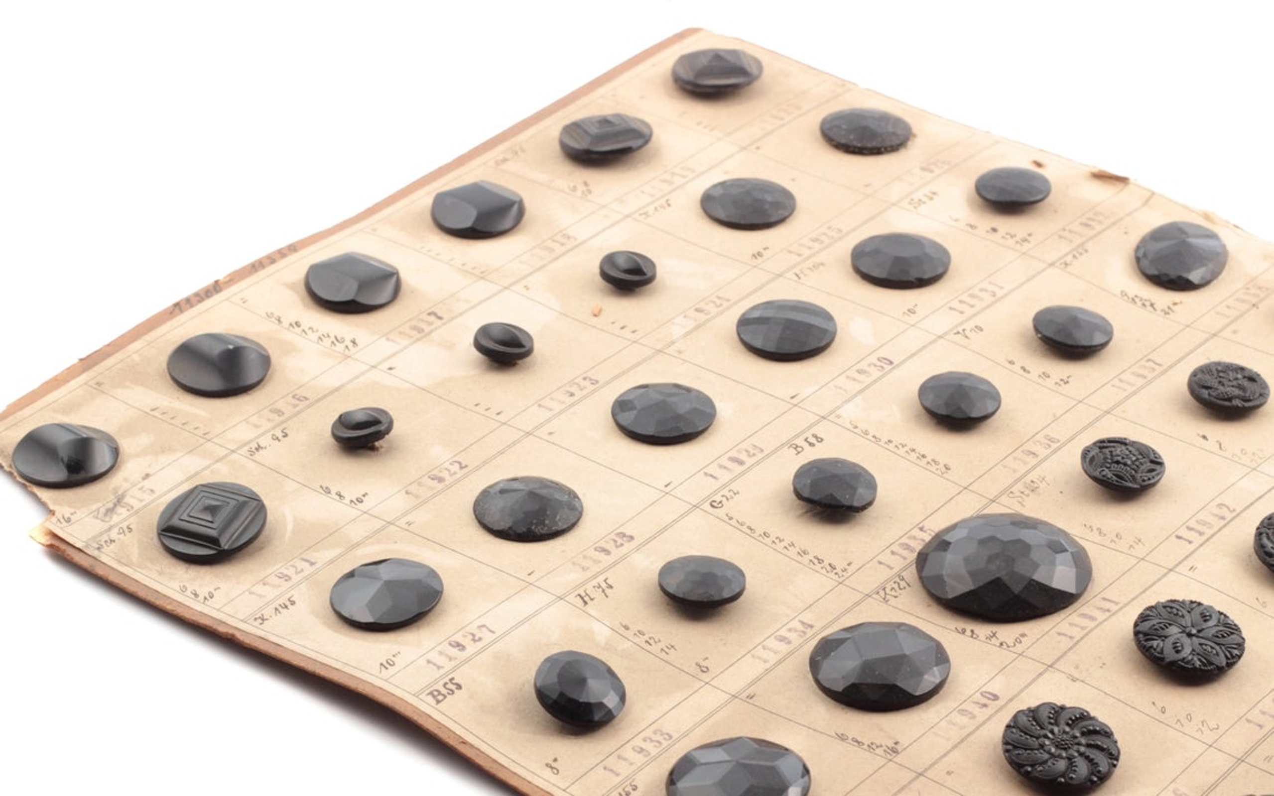 1920's sample card (60) Czech antique Art Deco jet black glass buttons