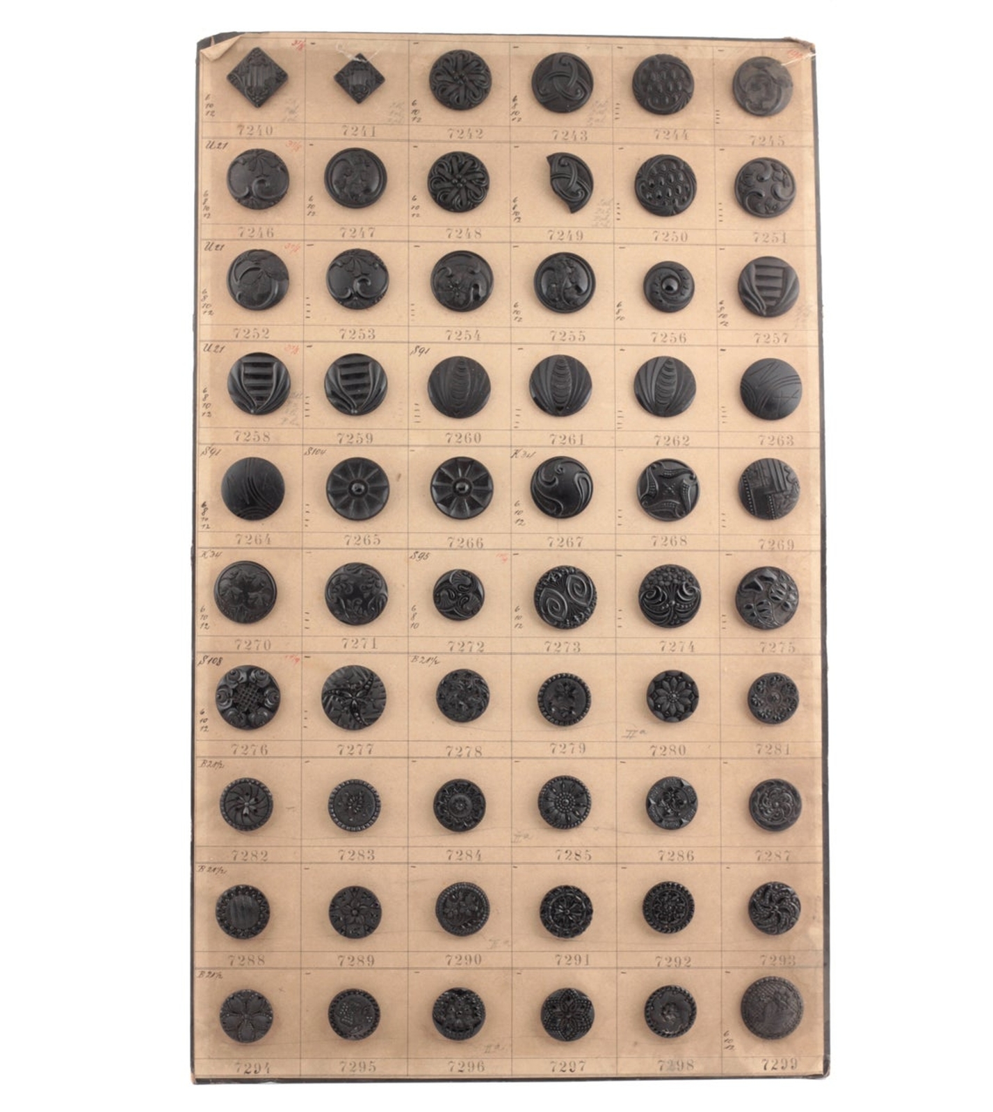 1900's sample card (59) Czech antique Victorian geometric floral jet black lacy marcasite glass buttons