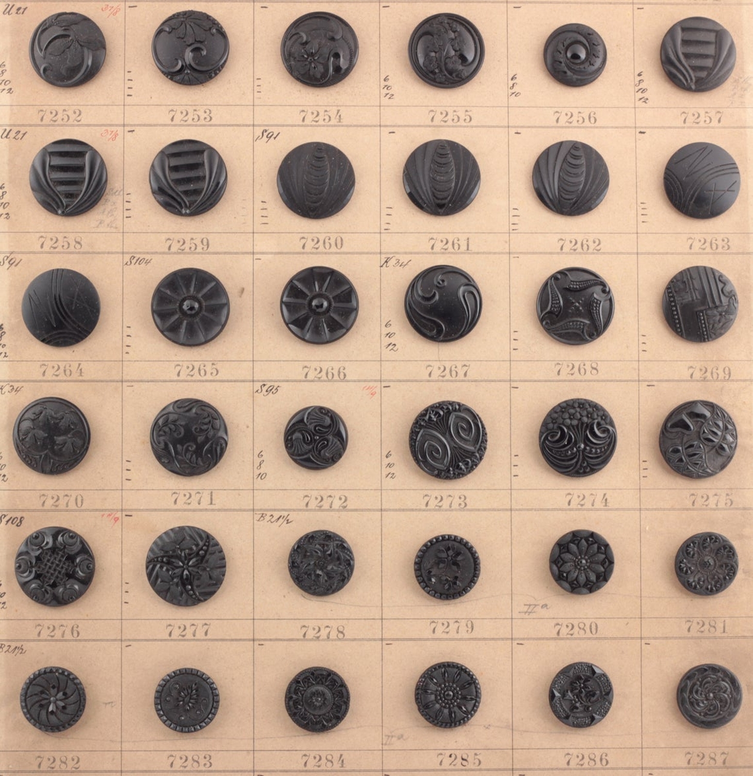 1900's sample card (59) Czech antique Victorian geometric floral jet black lacy marcasite glass buttons