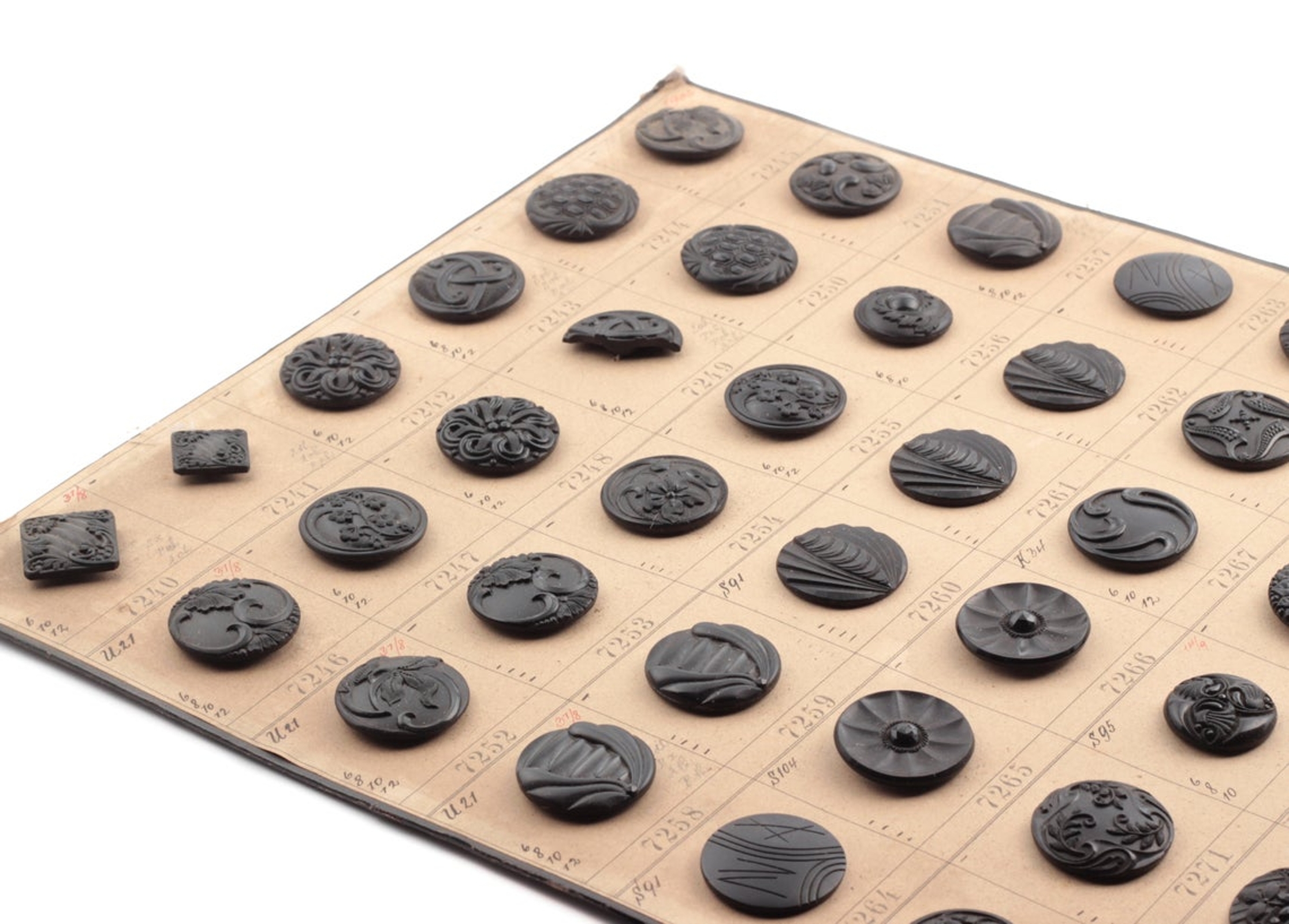 1900's sample card (59) Czech antique Victorian geometric floral jet black lacy marcasite glass buttons