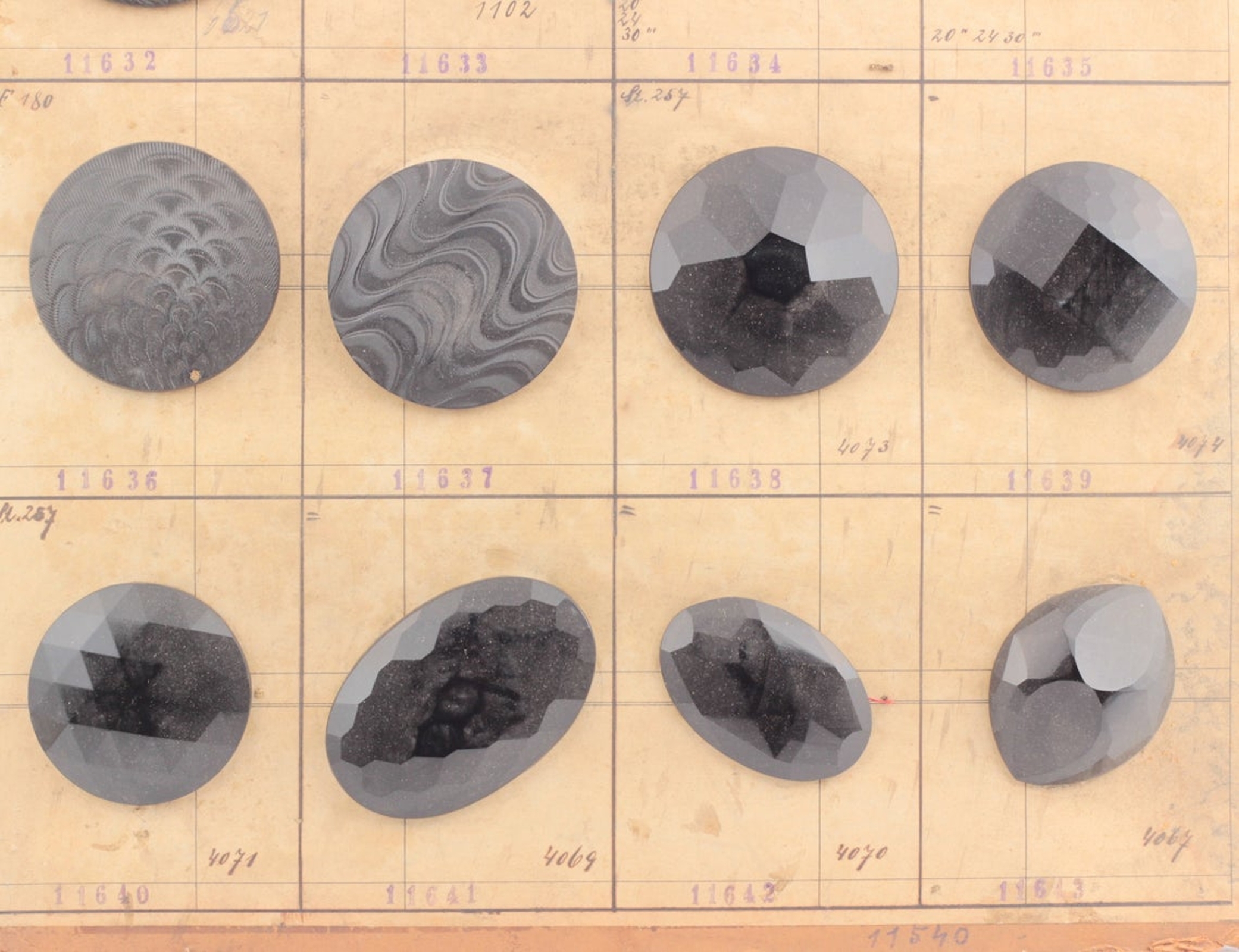 1924 sample card (20) extra large Czech antique Art Deco geometric jet black glass buttons