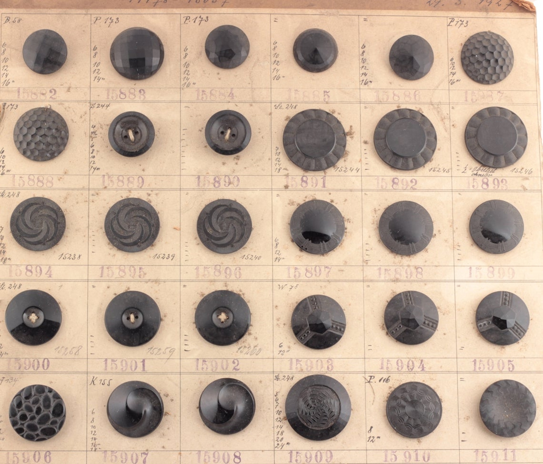 1927 sample card (60) Czech antique Art Deco geometric floral jet black lacy glass buttons