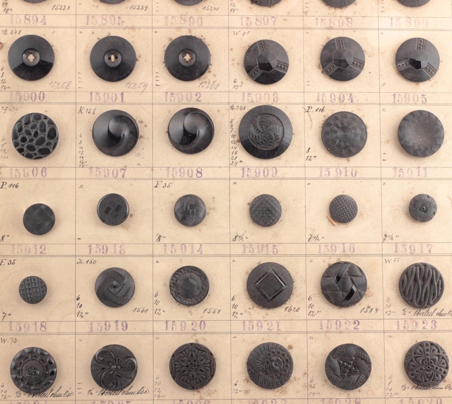 1927 sample card (60) Czech antique Art Deco geometric floral jet black lacy glass buttons