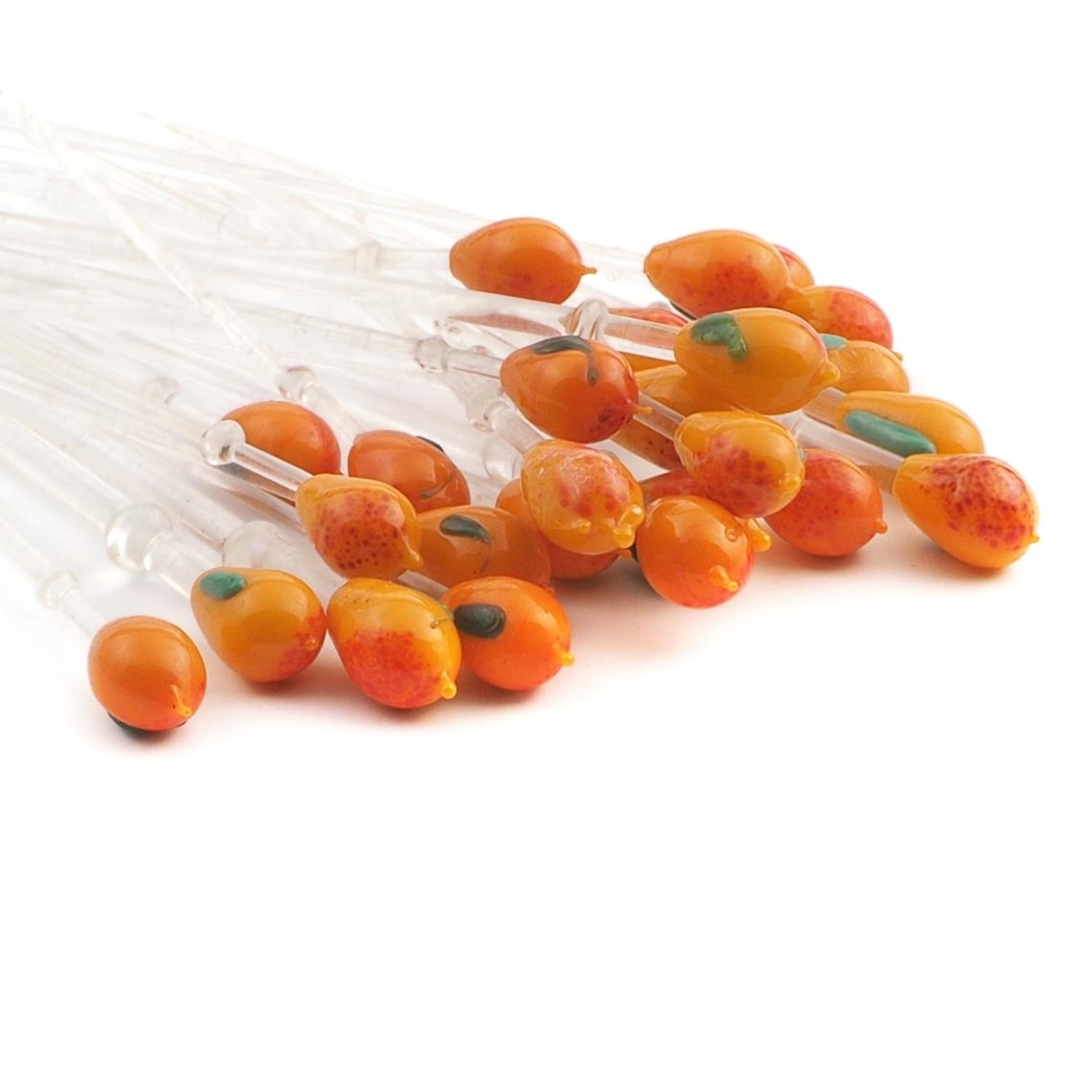 Lot (25 Pieces) Vintage Czech lampwork glass orange marble cocktail olive stick stirrers