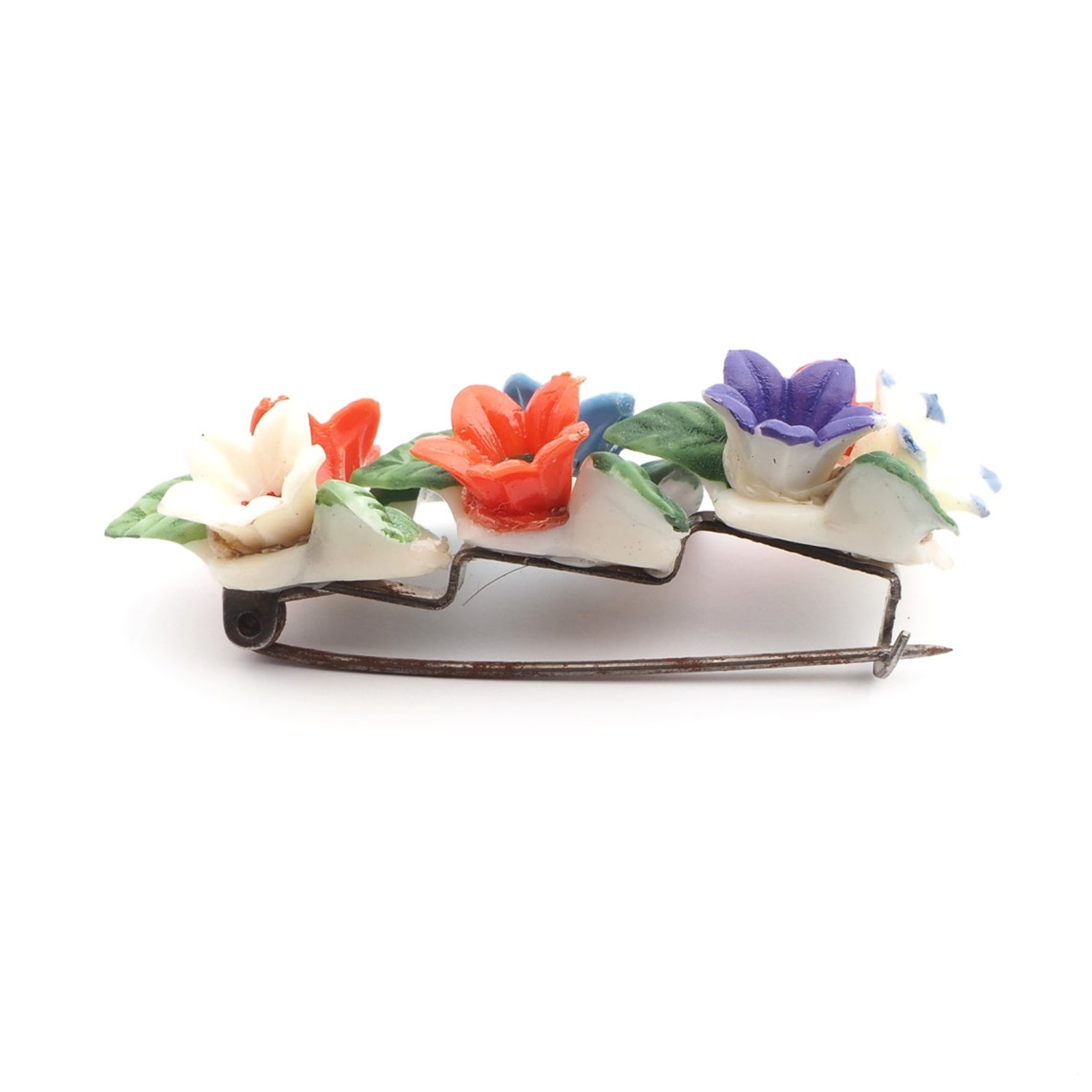 Vintage Deco hand painted celluloid flower pin brooch
