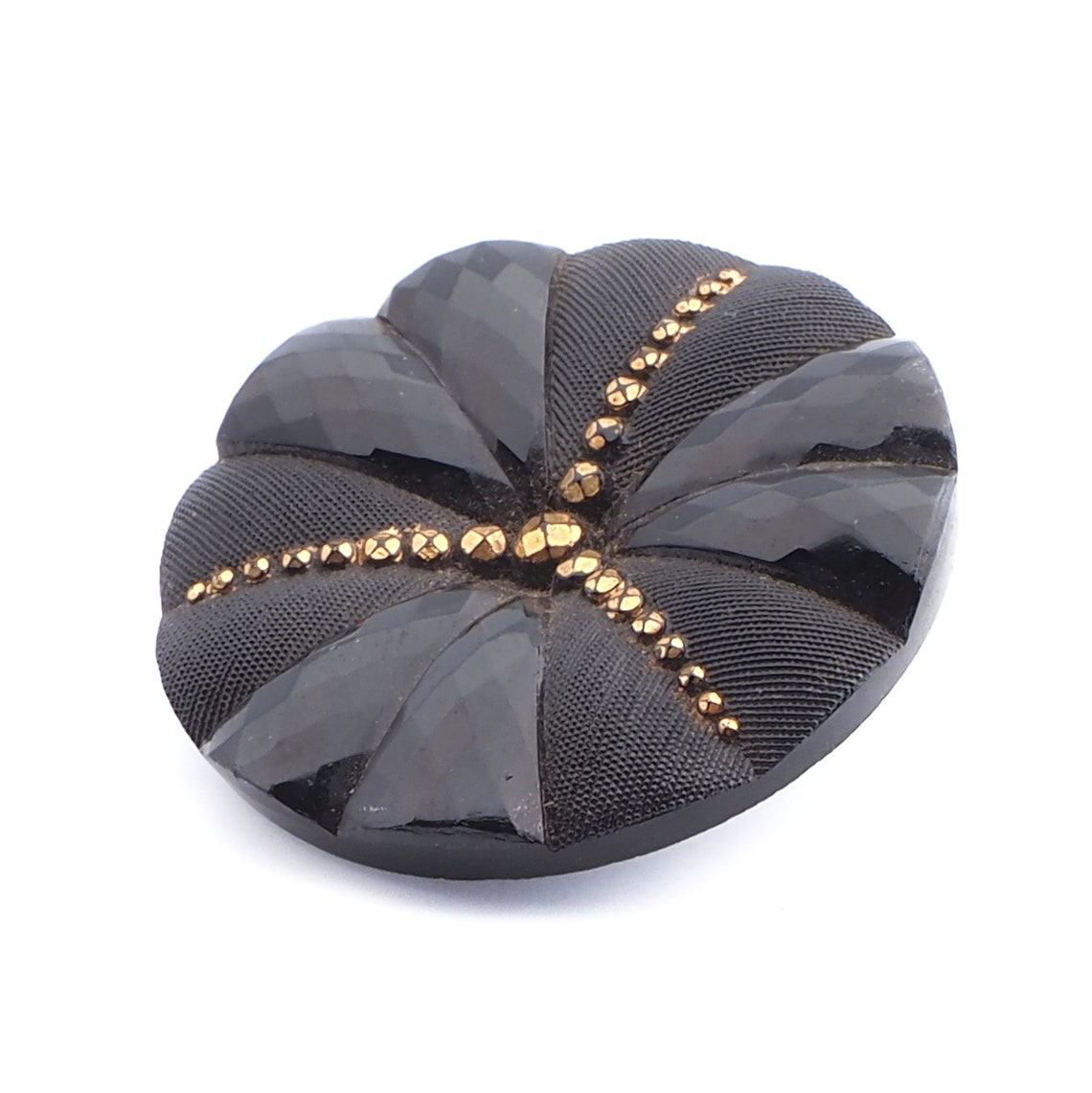 Large Art Deco vintage Czech gold gilt black geometric faceted glass button 32mm