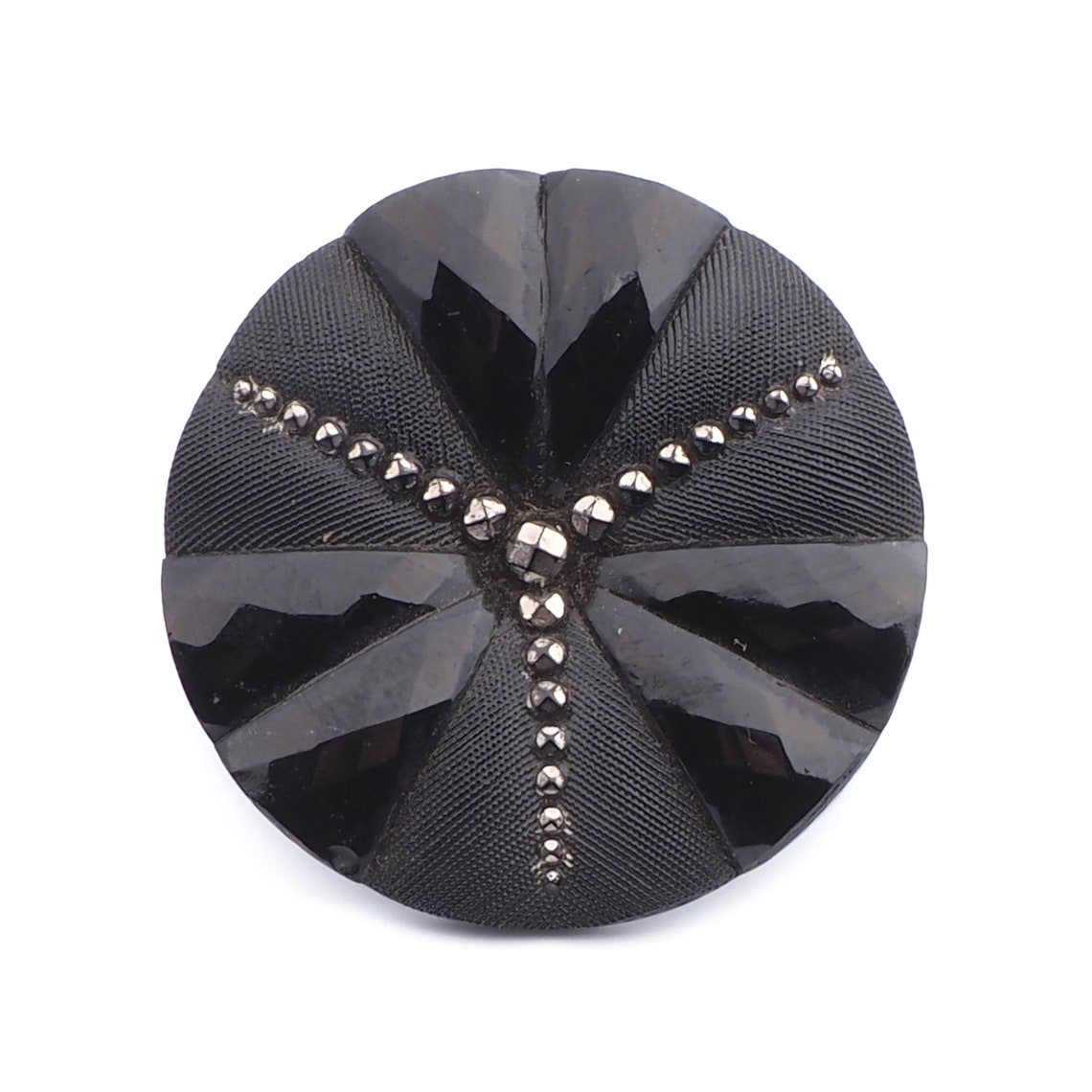 Large Art Deco vintage Czech silver lustre black geometric faceted glass button 32mm