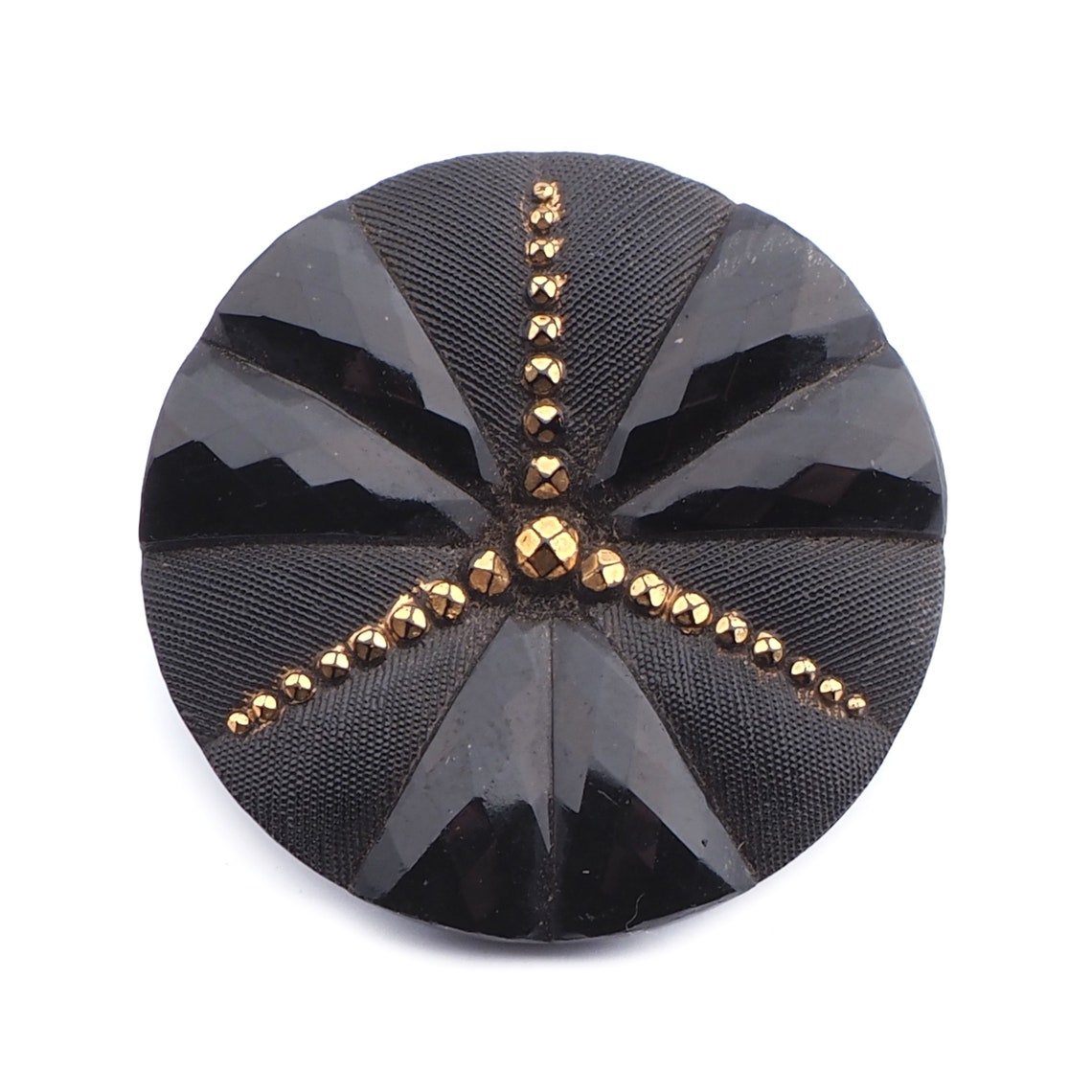 Large Art Deco vintage Czech gold gilt black geometric faceted glass button 32mm