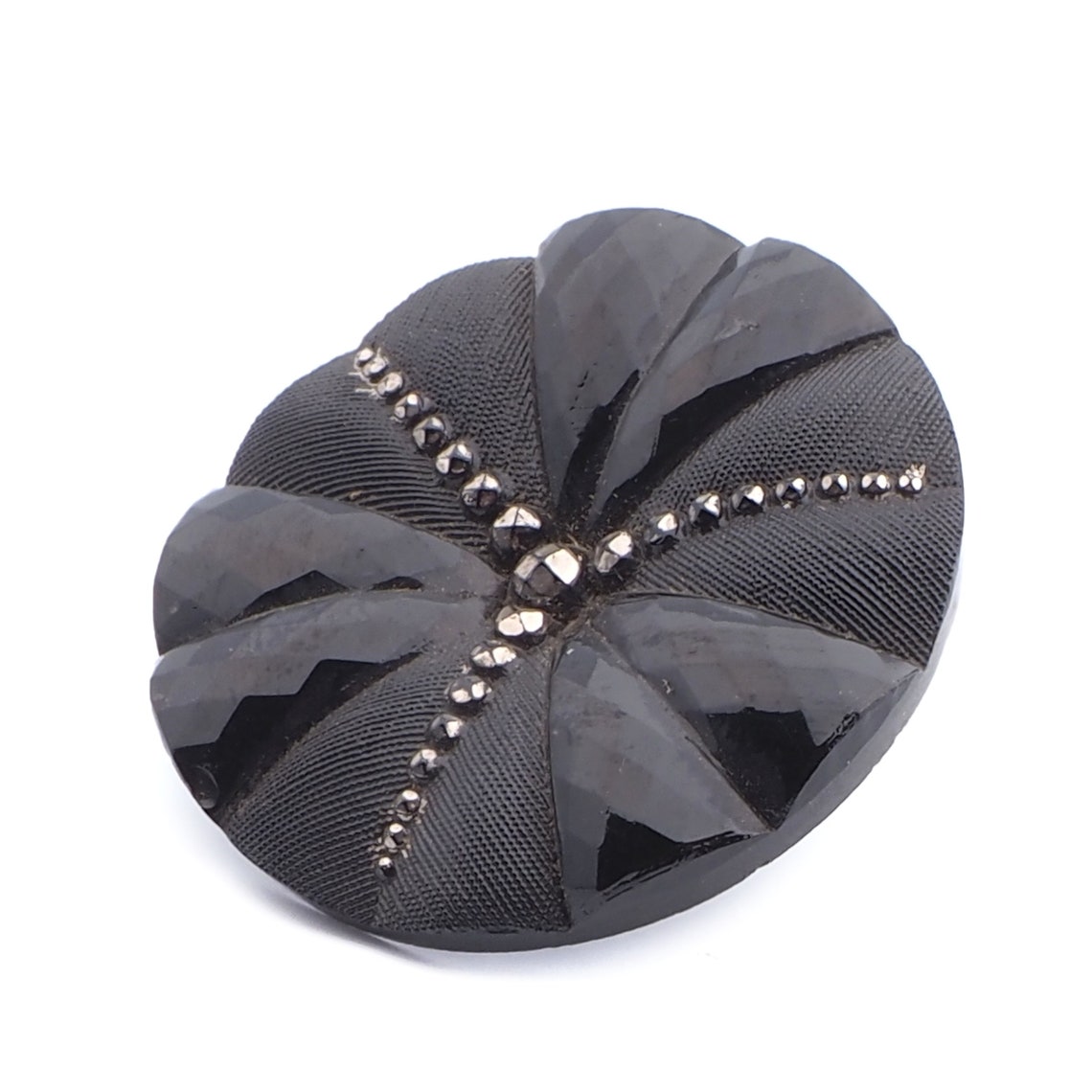 Large Art Deco vintage Czech silver lustre black geometric faceted glass button 32mm