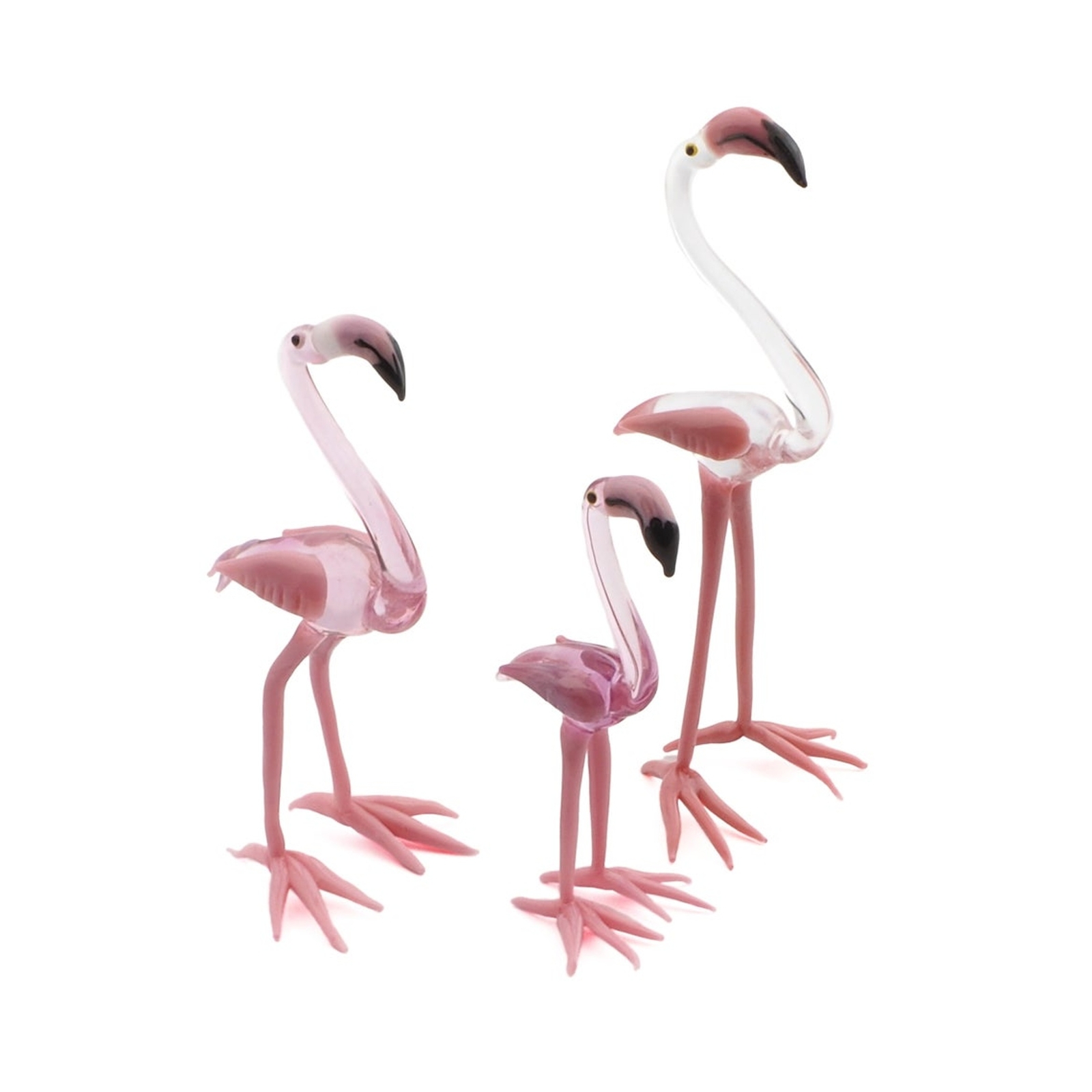 Family of (3) Czech lampwork glass miniature Flamingo bird Family figurines ornaments