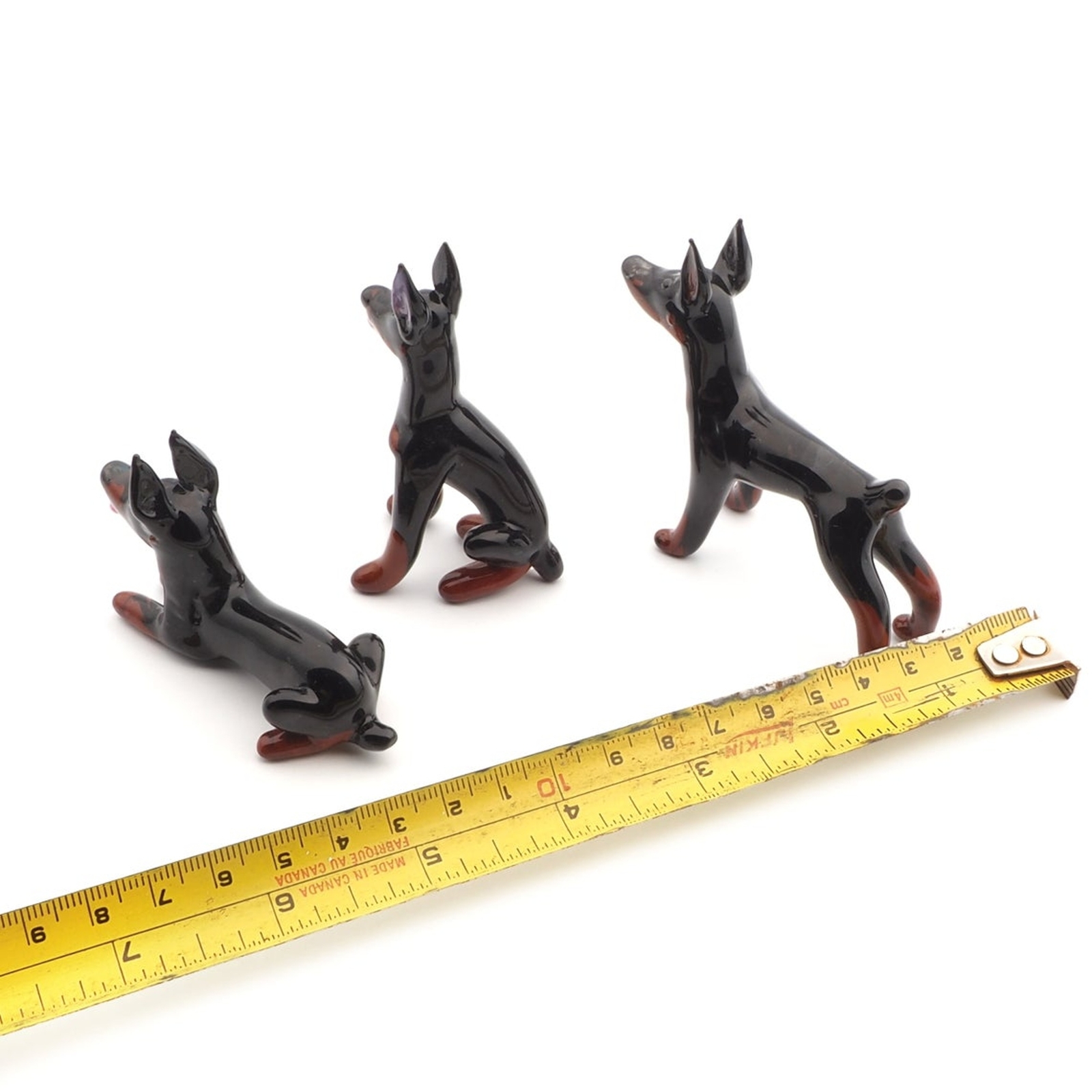 Set of (3) Czech handmade lampwork glass miniature Doberman dog figurines ornaments