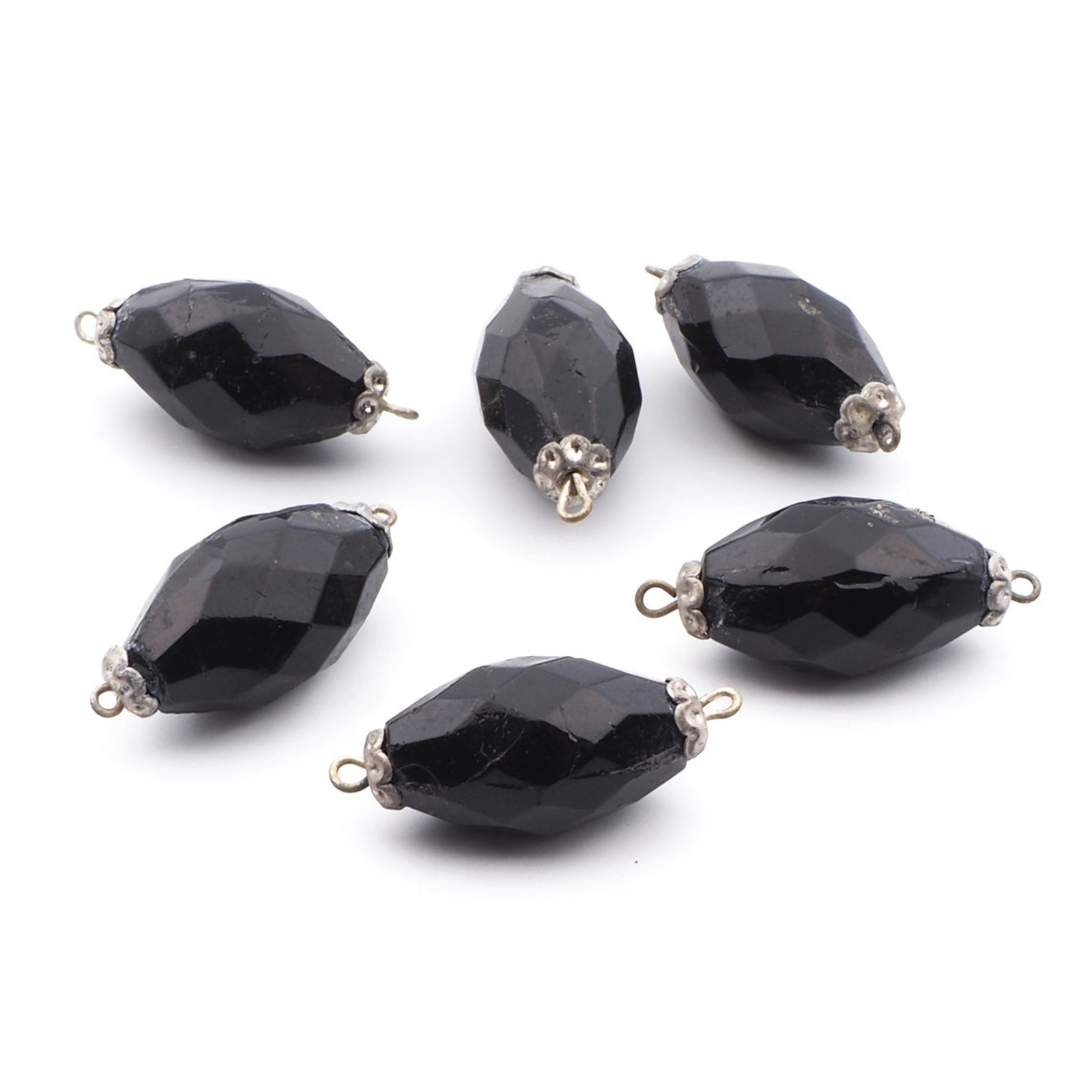 Lot (6) antique Victorian Czech black oval connector glass beads 21mm