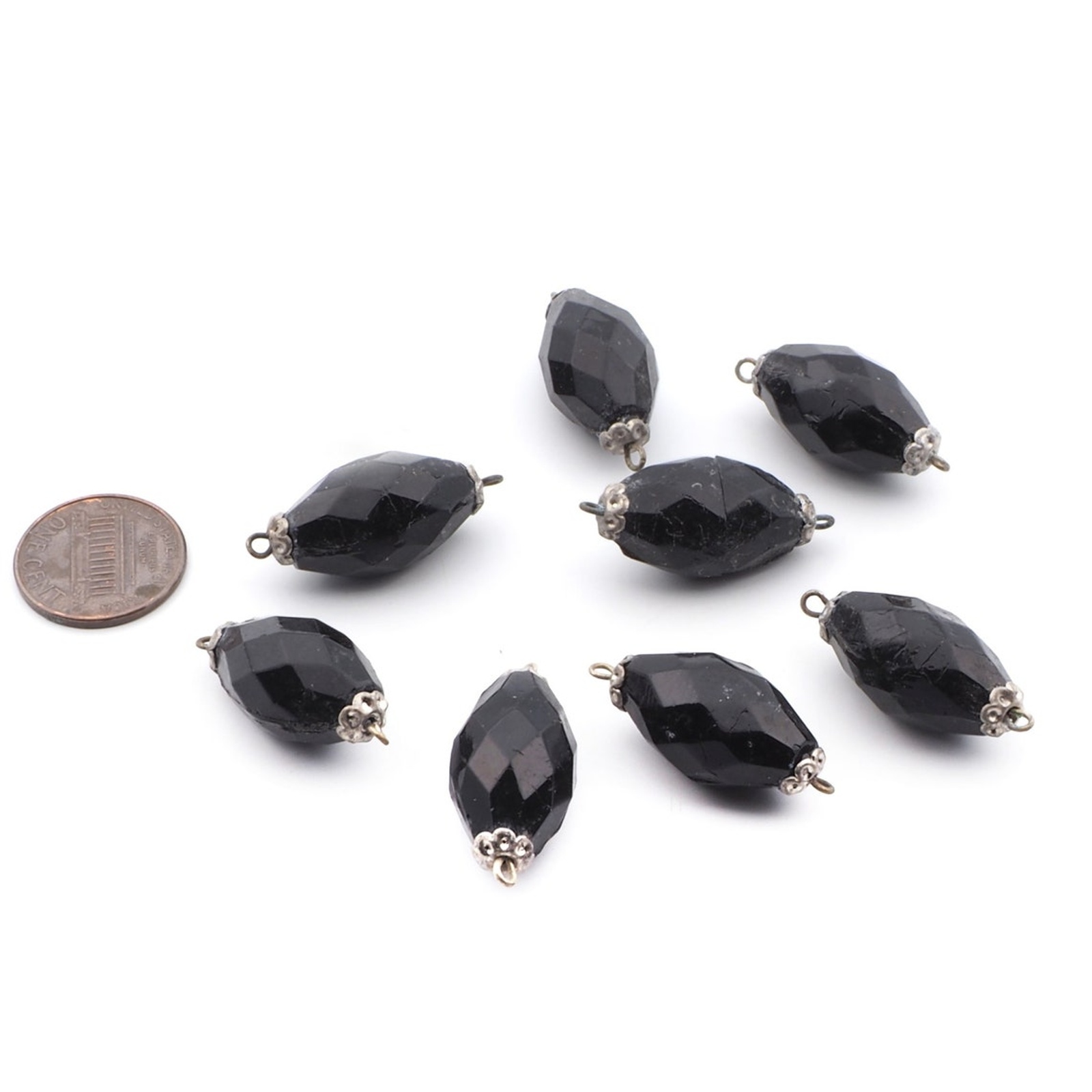 Lot (8) antique Victorian Czech black oval connector glass beads 21mm