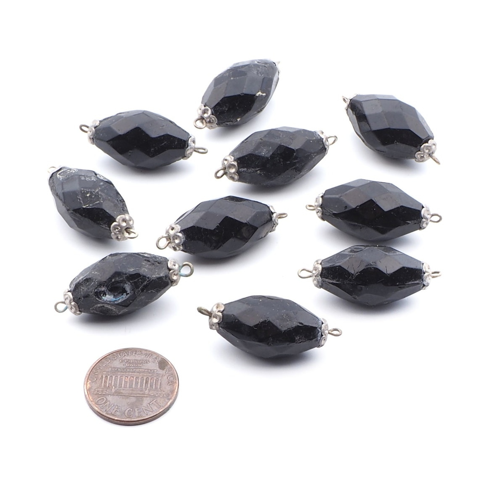 Lot (10) antique Victorian Czech black oval connector glass beads 21mm