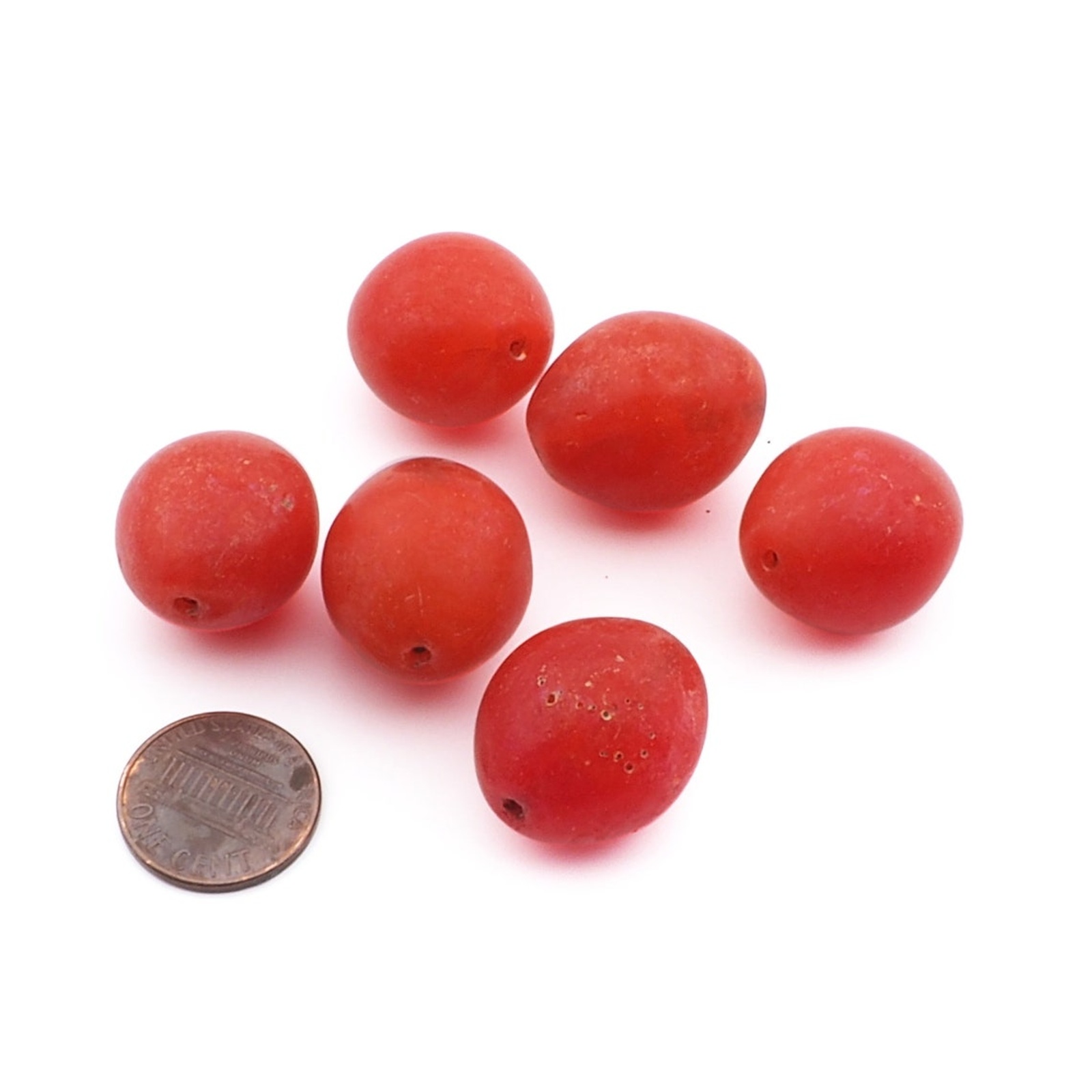 Lot (6) rare Czech antique large oval red fruit glass beads 23mm