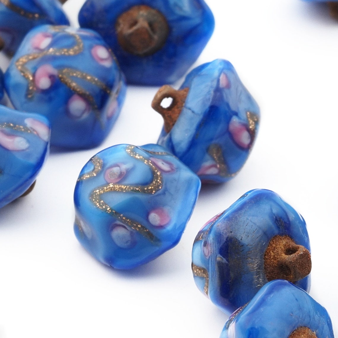 Antique Czech micro lampwork aventurine gold pink satin blue hexagon glass button 9mm