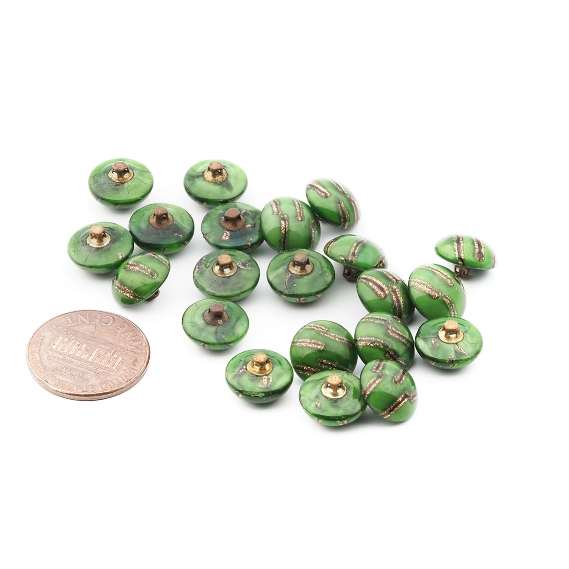 Antique Czech micro lampwork aventurine gold green satin cased round glass button 10mm