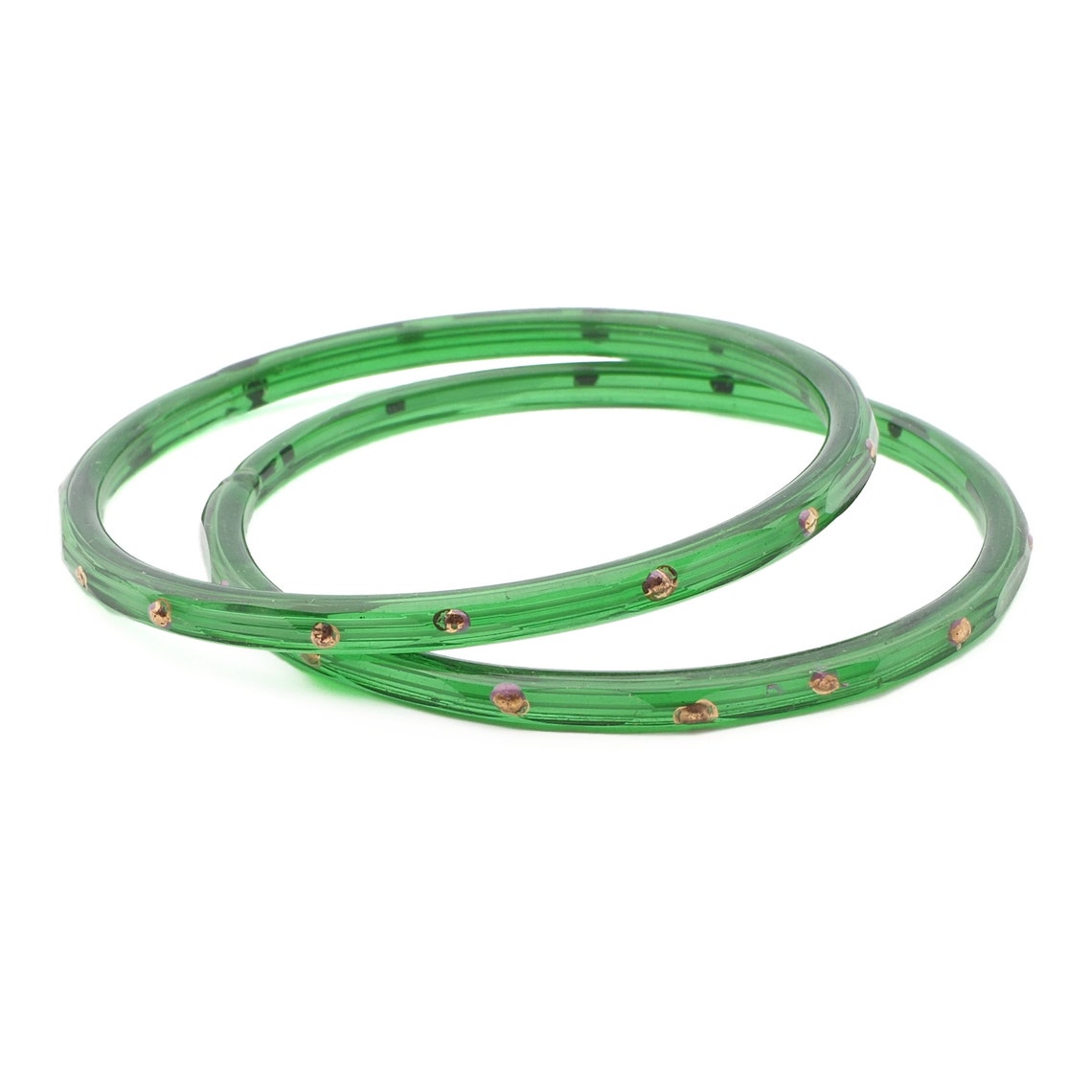 Lot (2) Antique Czech green bicolor gold gilt faceted glass bangles 2.25"