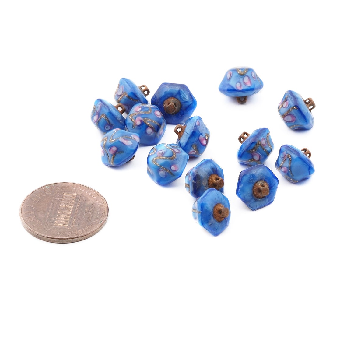 Antique Czech micro lampwork aventurine gold pink satin blue hexagon glass button 9mm
