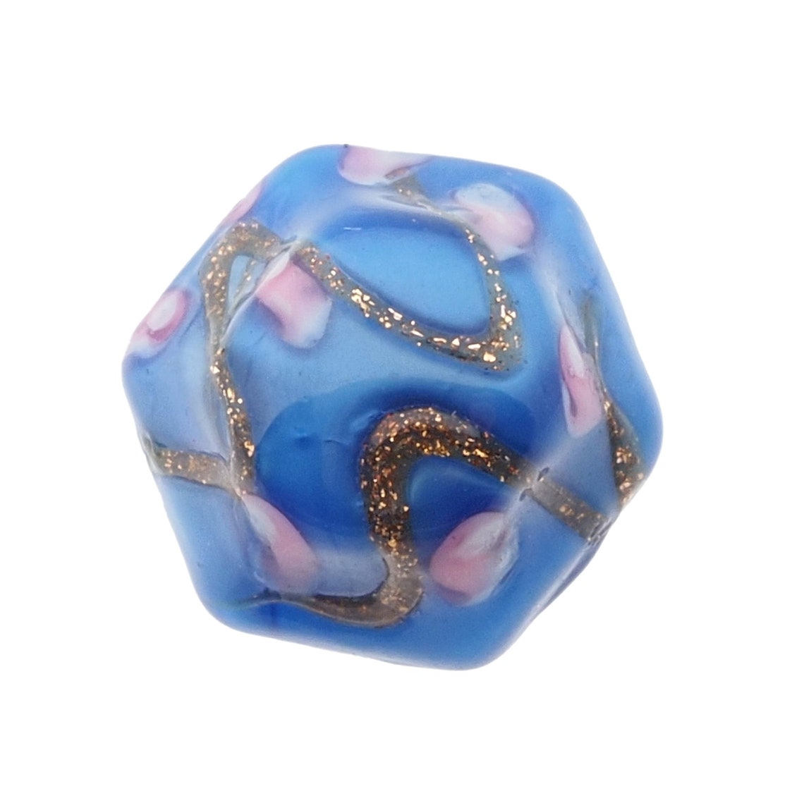 Antique Czech micro lampwork aventurine gold pink satin blue hexagon glass button 9mm