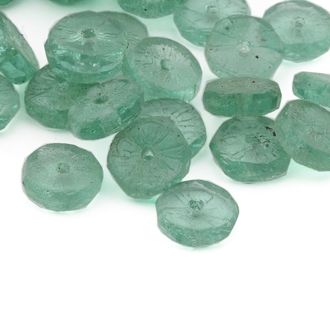 RESERVED JOAN Lot (50) Antique Czech green rondelle faceted glass beads 7mm