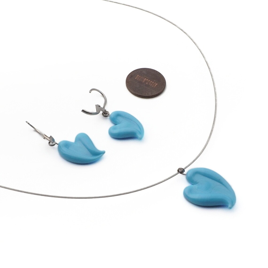 Czech lampwork blue heart glass bead necklace earring set