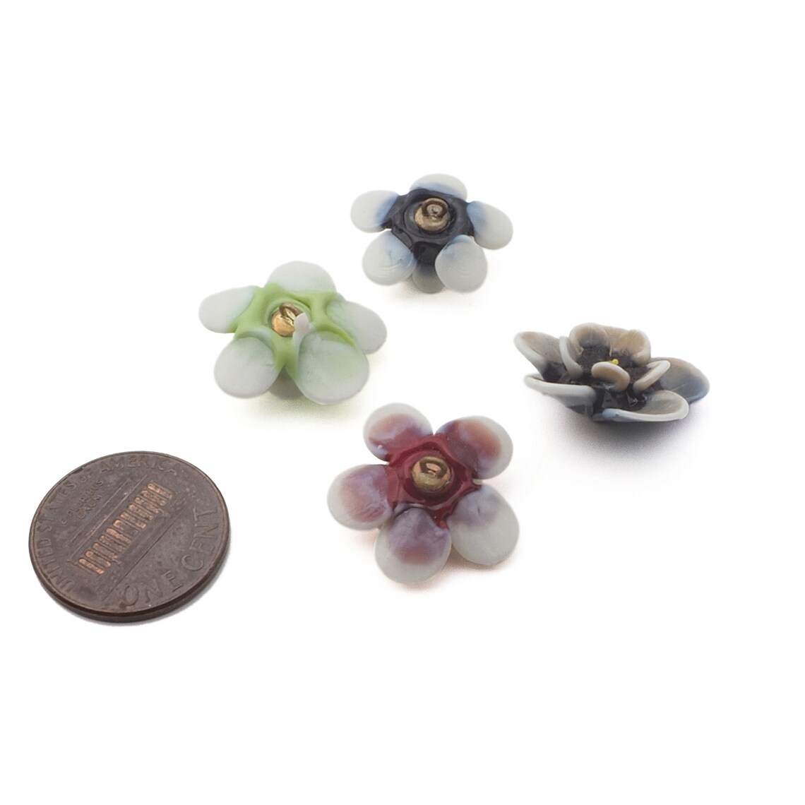 Lot (4) Czech vintage micro lampwork glass bicolor flower button beads