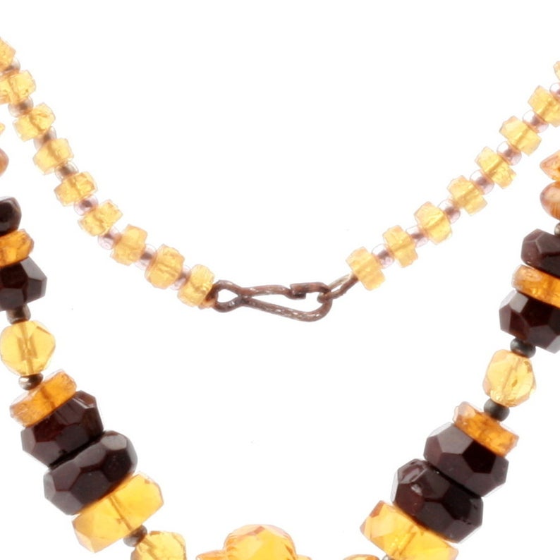 Vintage Czech necklace topaz black marble Art Deco glass beads