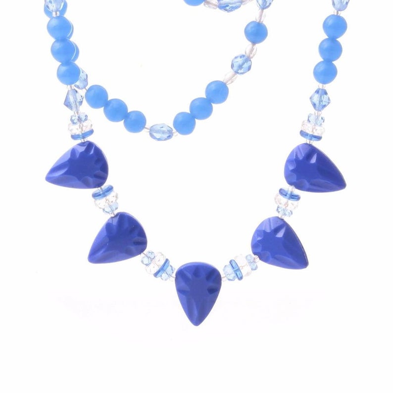 Czech vintage necklace rare blue axe head pendant chalcedony opaline glass beads
