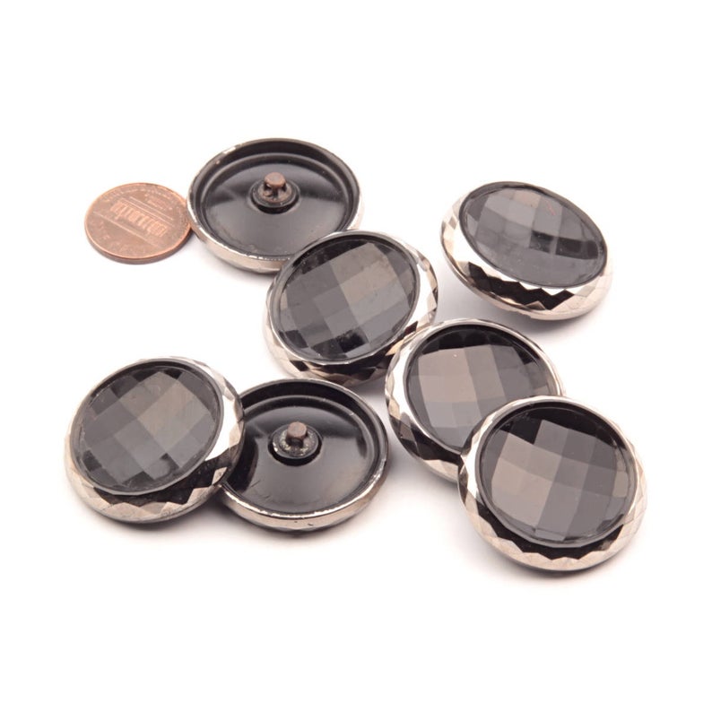 Lot (7) Czech vintage 1920's silver rimmed black glass buttons 31mm 