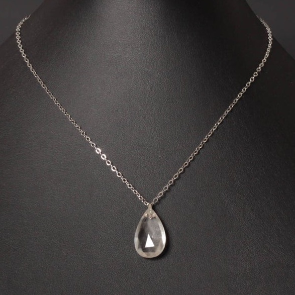 Vintage Czech silver link chain necklace crystal clear teardrop pendant glass bead
