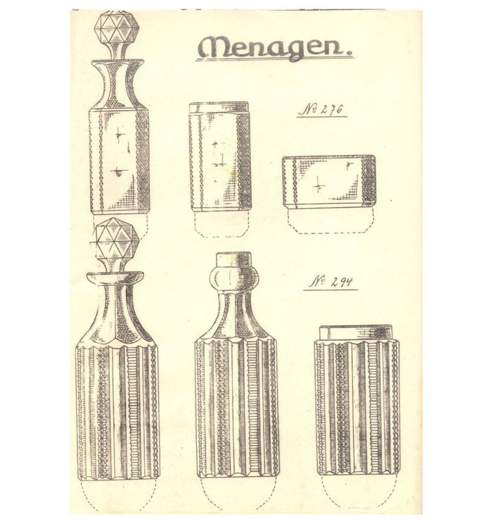 Original 1930's line drawing design print Czech cut crystal glass oil vinegar jars wall art