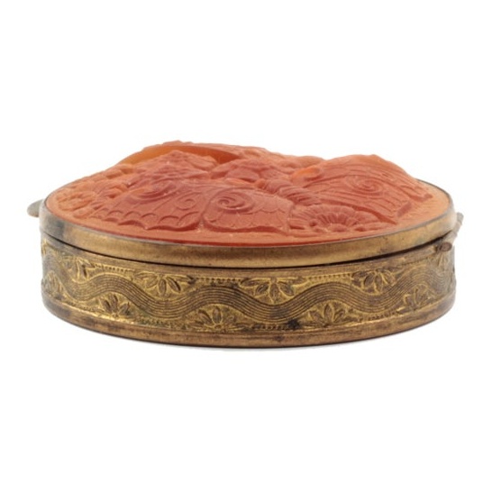 Vintage Art Nouveau amber citrine glass butterfly powder compact or powder box by Rene Robert for Lalique