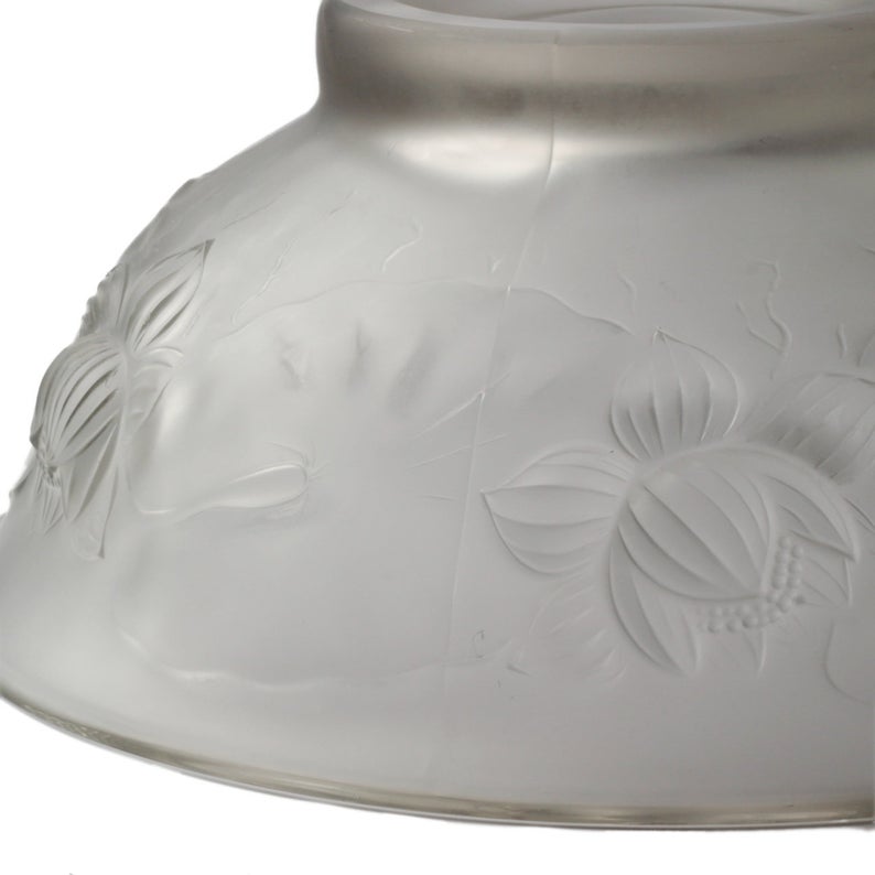 Vintage Czech crystal frost glass fruit salad bowl lotus flower waterlily design centre piece