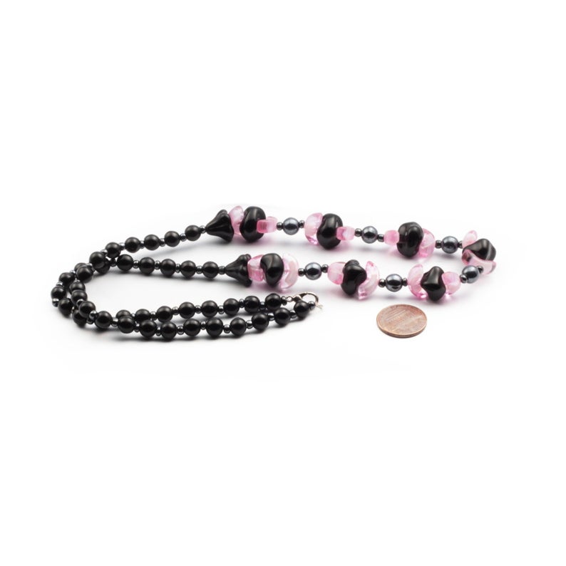 Vintage Czech necklace pink bicolor arc black flower hematite glass beads