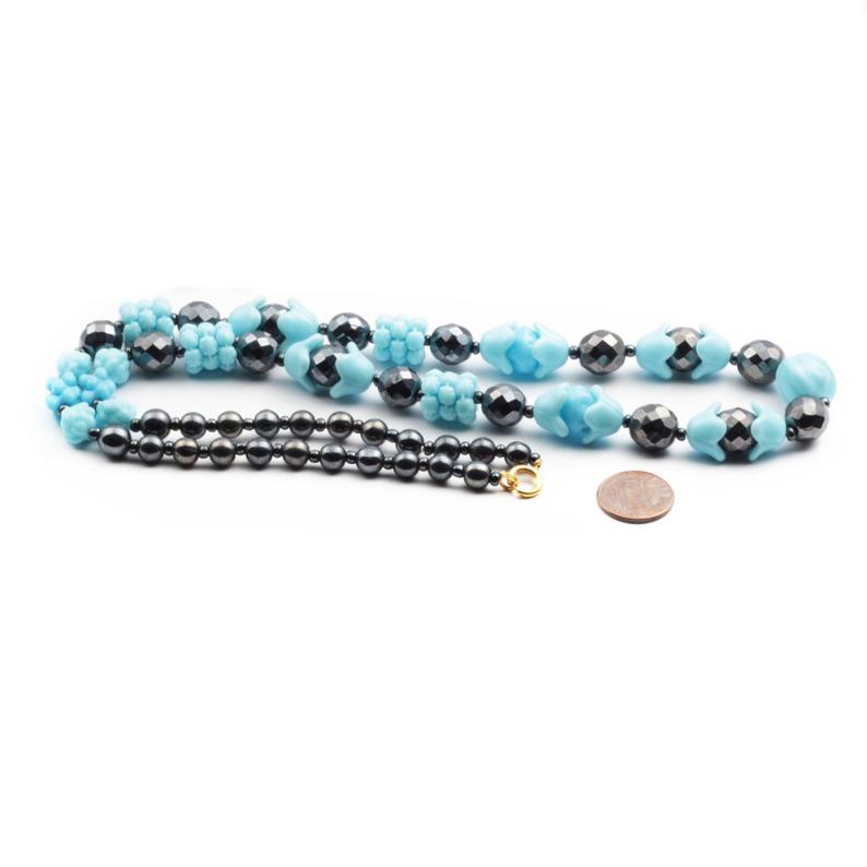Vintage Czech necklace blue flower hematite glass beads