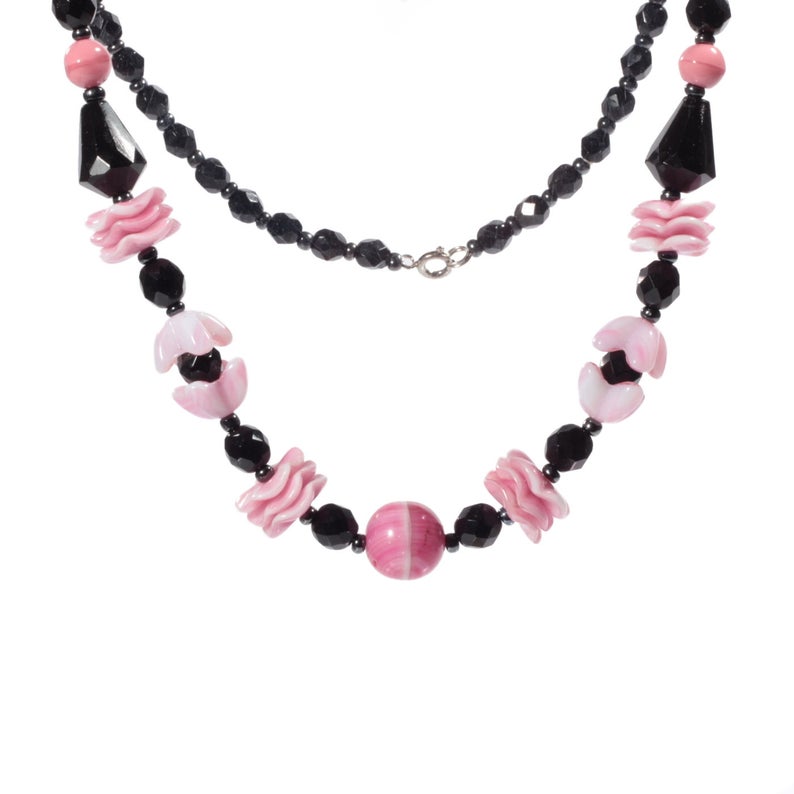 Vintage necklace Czech black faceted pink marble interlocking flower rondelle glass beads