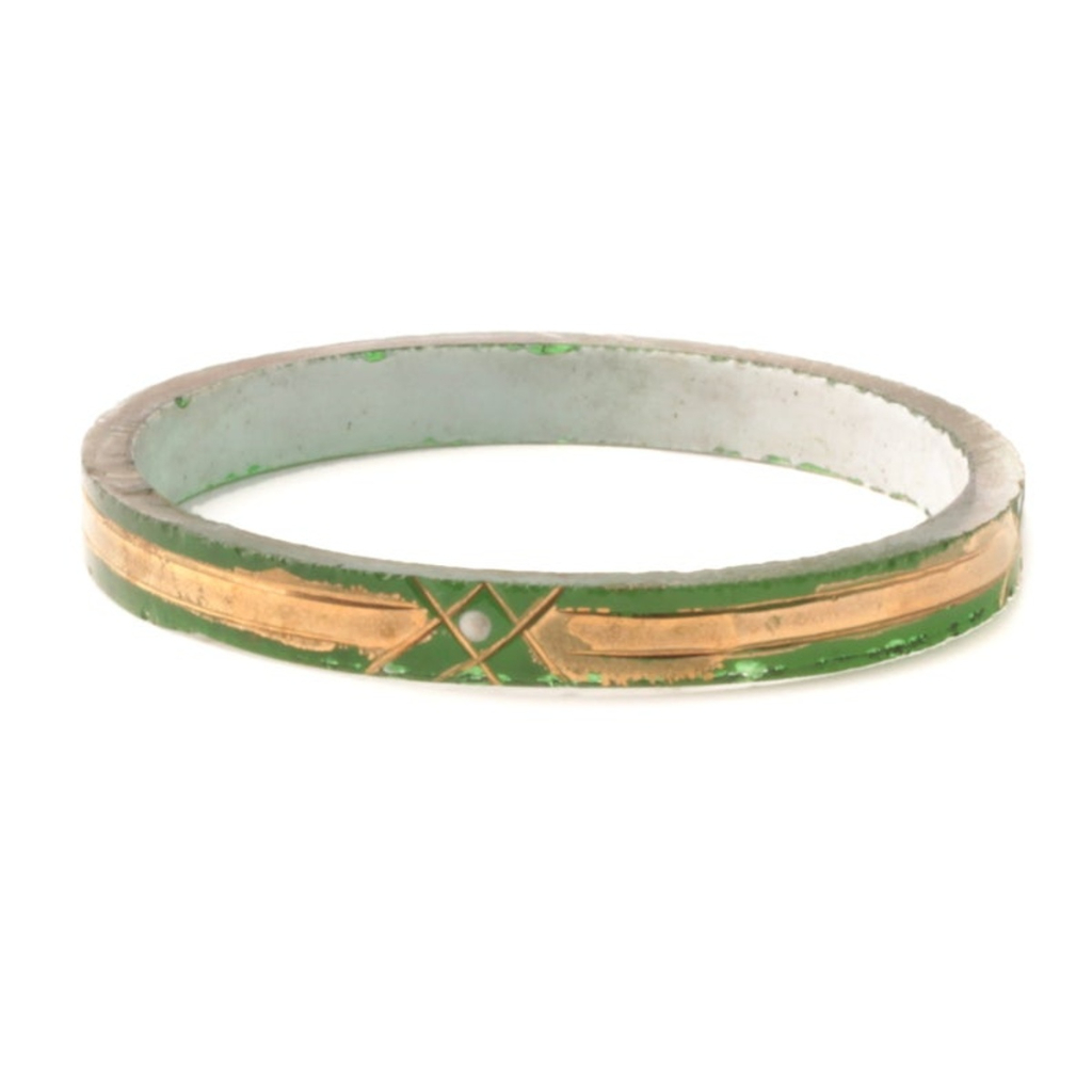 Antique Czech hand gold gilt green bicolor Art glass bangle hoop earring loop