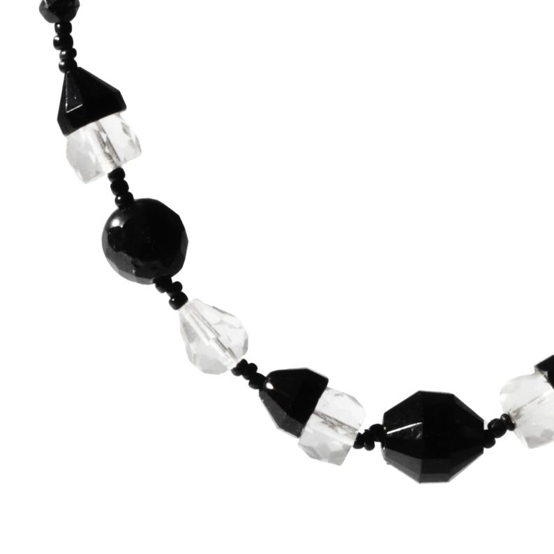 Vintage Art Deco necklace Czech black crystal clear hand faceted English cut micro seed glass beads