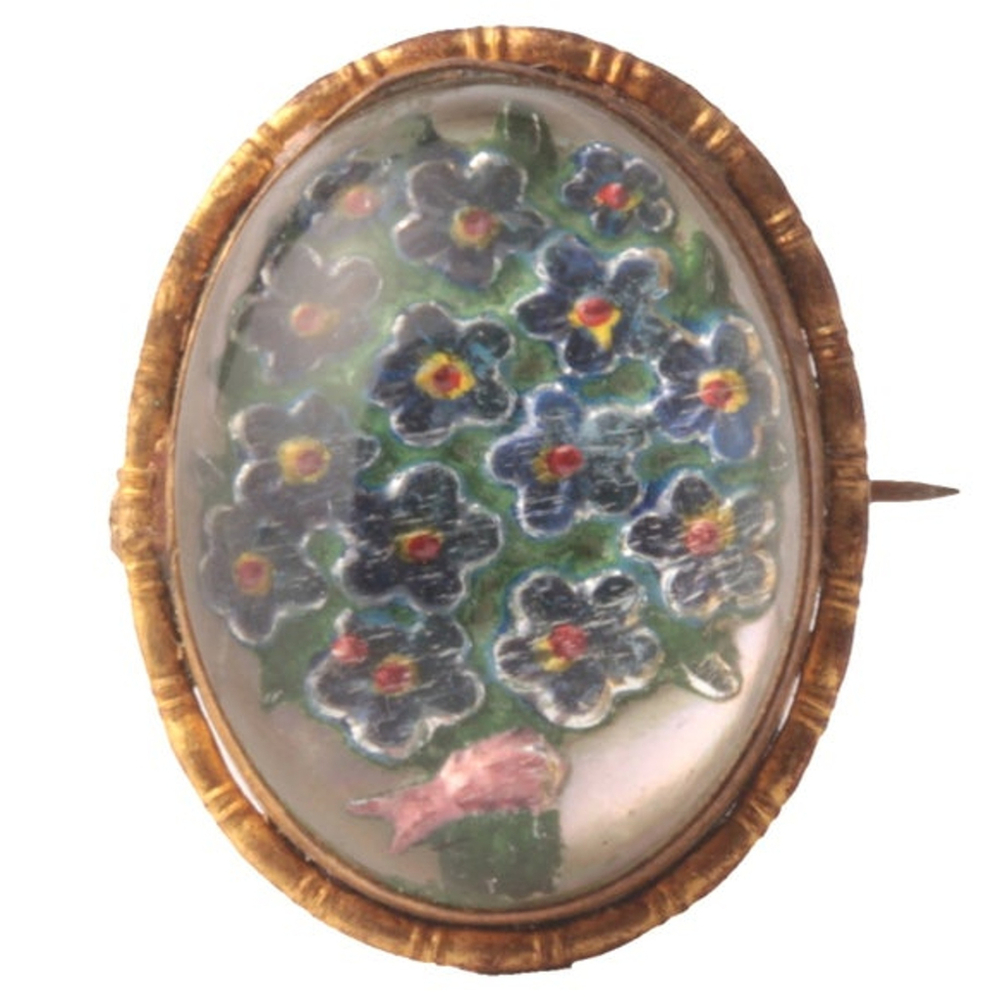 Antique Czech intaglio painted mirrored floral bouquet paperweight glass pin brooch